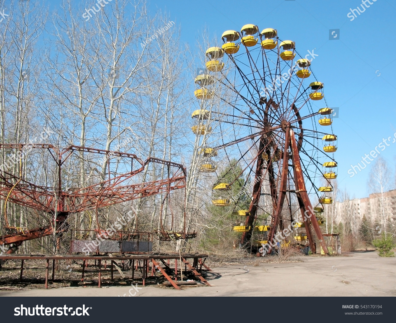 Ferris wheel in an unfinished Amusement Park in Chernobyl #543170194