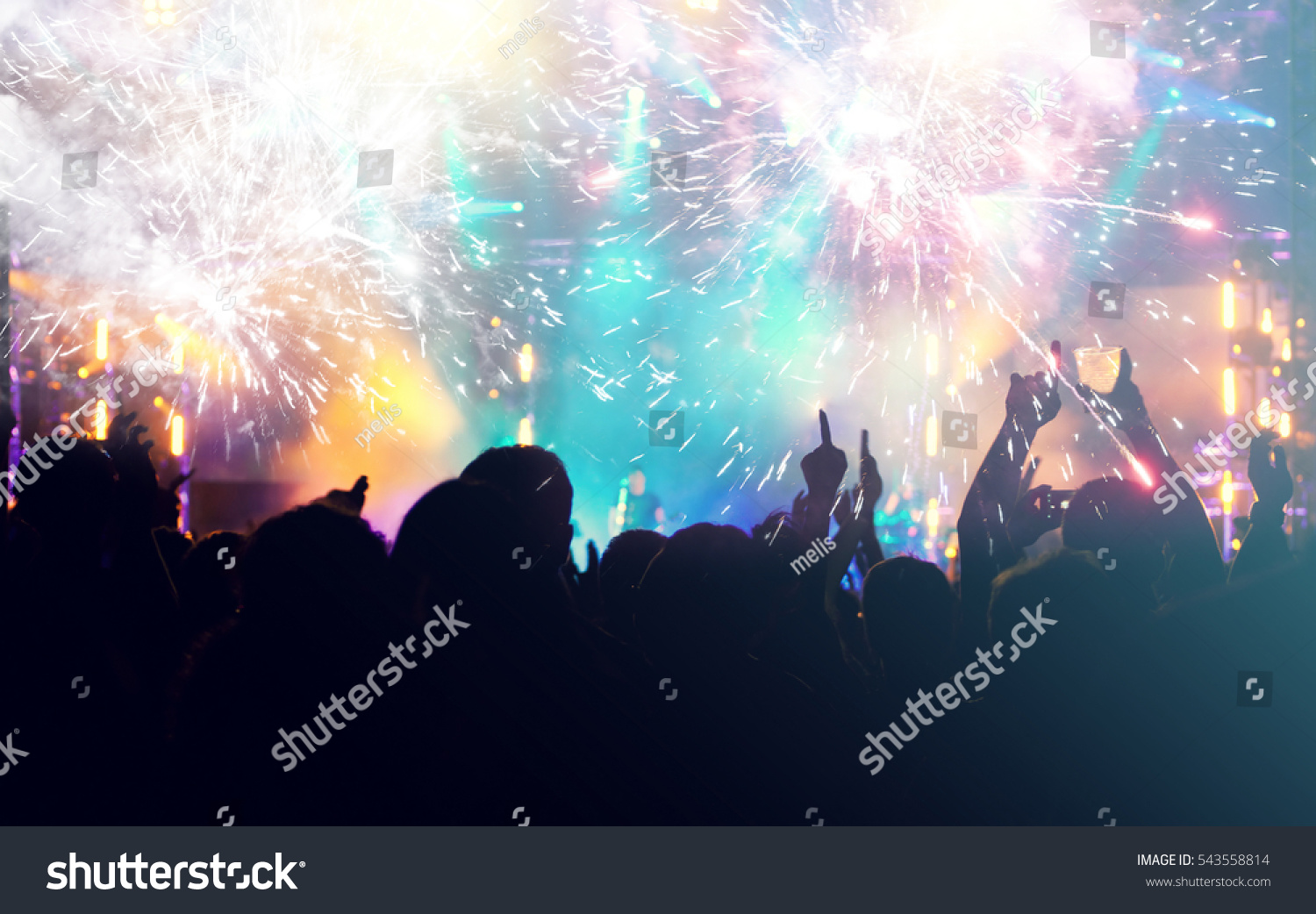 New Year concept - fireworks and cheering crowd celebrating the New year #543558814