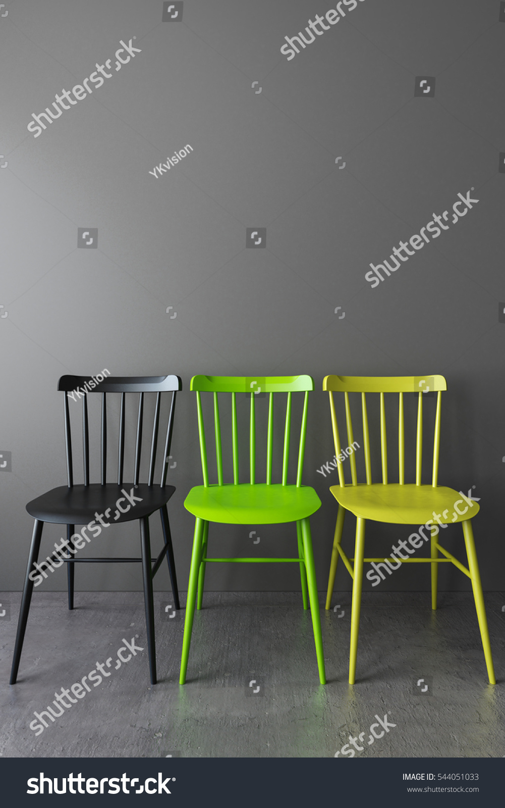 Three simple chair in empty room with gray walls and a concrete floor. Mock up interior illustration 3d render. #544051033