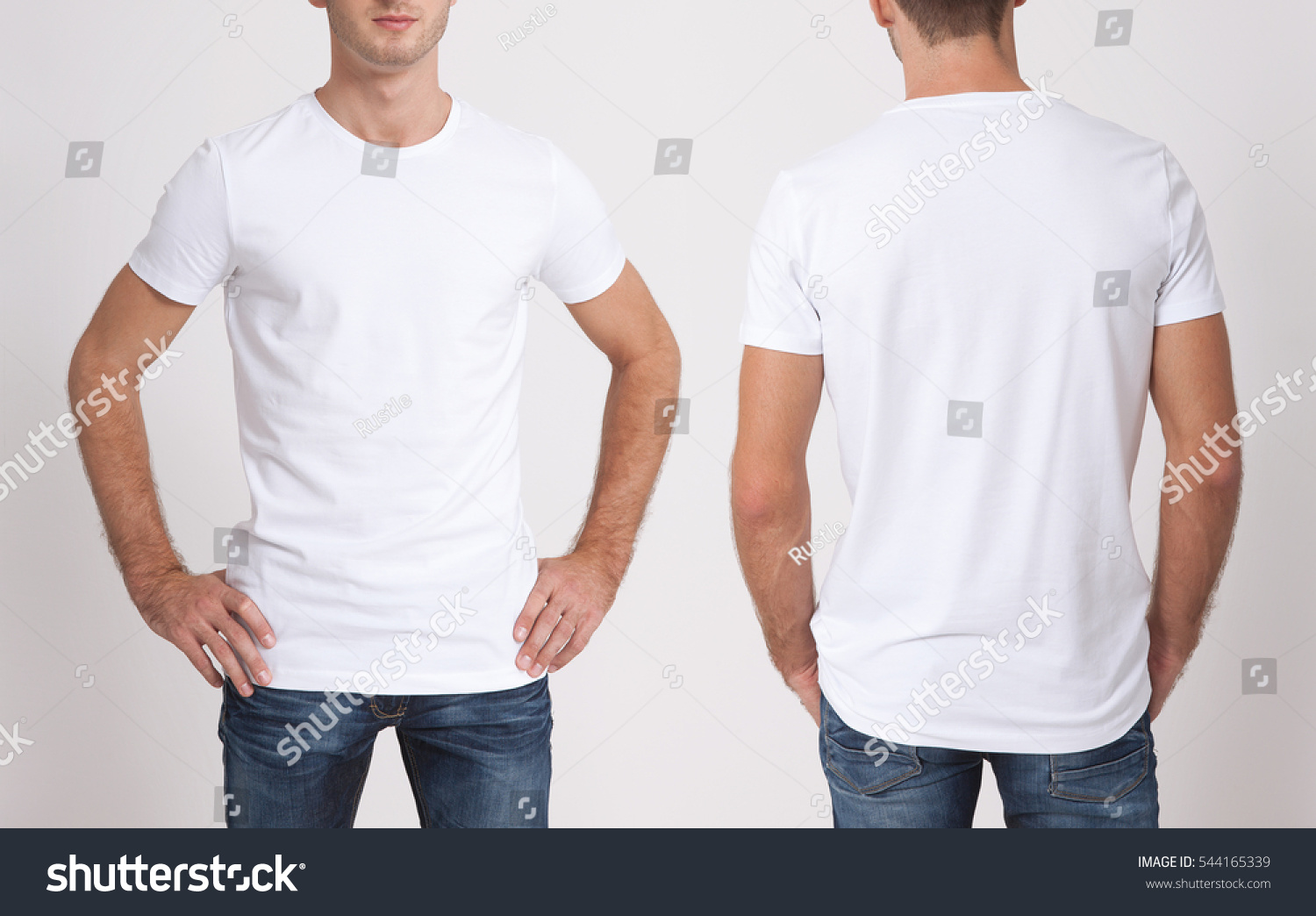 Shirt design and people concept - close up of young man in blank white tshirt front and rear isolated. Mock up template for design print #544165339