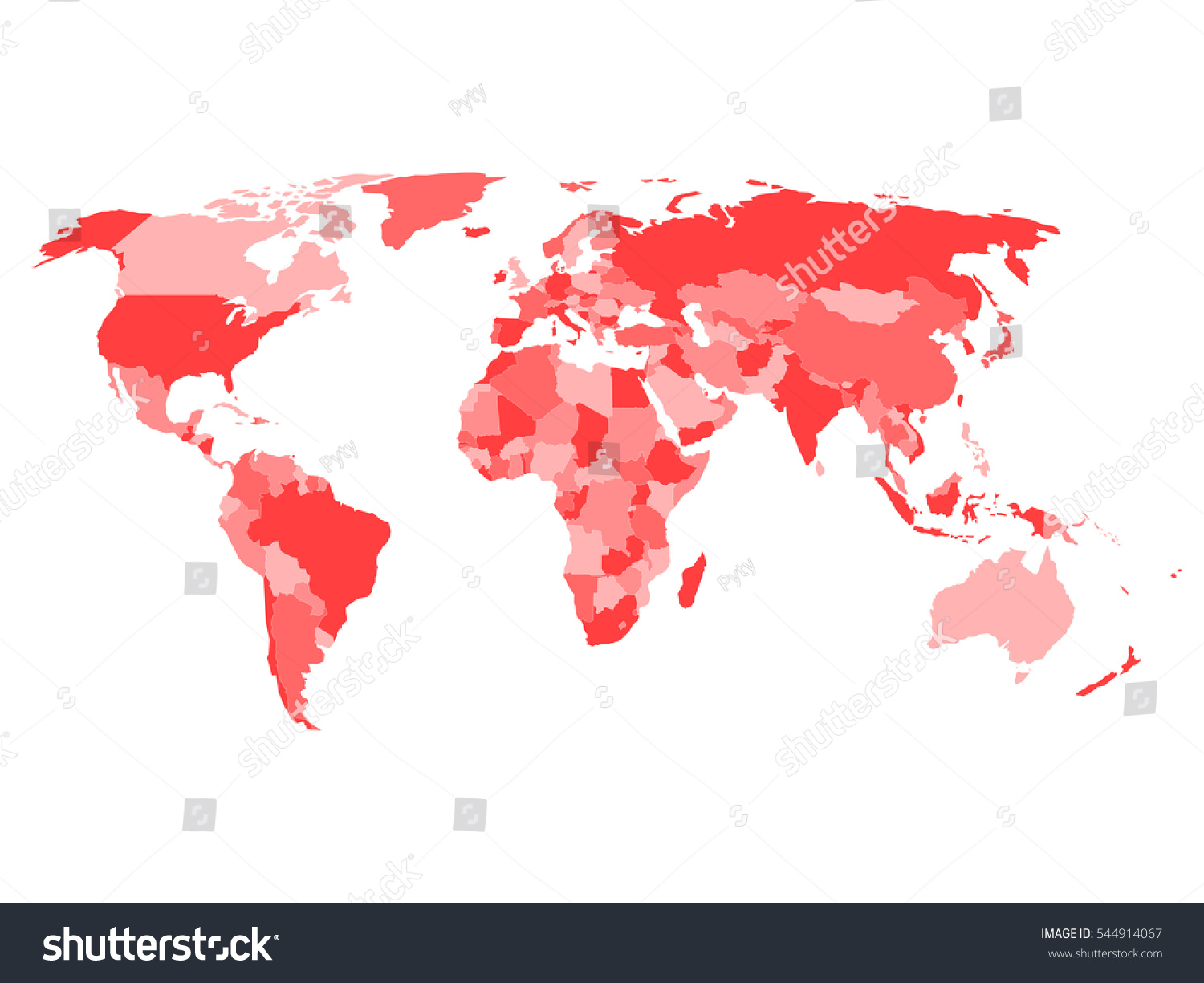 World map with names of sovereign countries and larger dependent territories. Simplified vector map in four shades of red on white background. #544914067