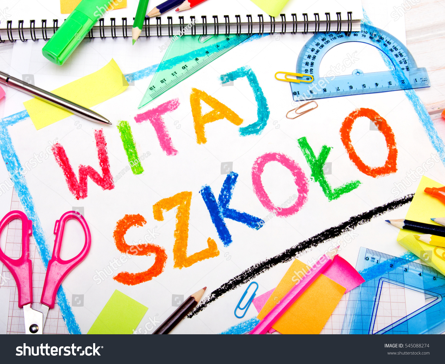 Colorful drawing of the Polish words: 'Welcome back to school' and school accessories #545088274
