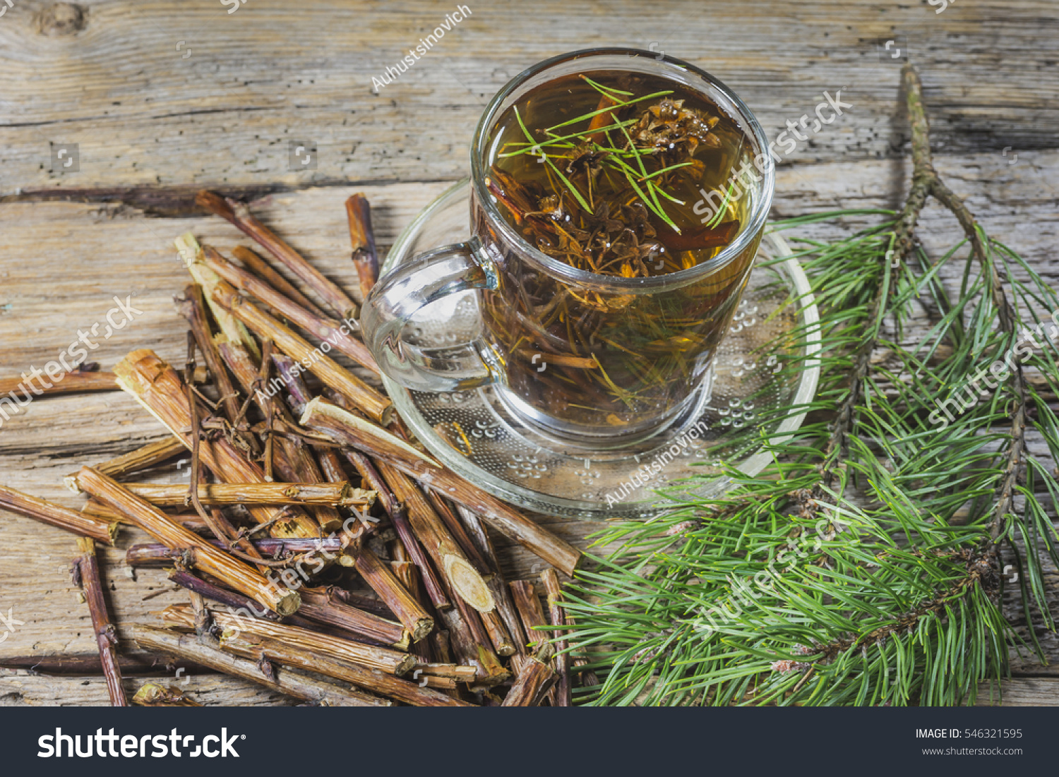 Useful tea from dry branches raspberries and pine needles #546321595