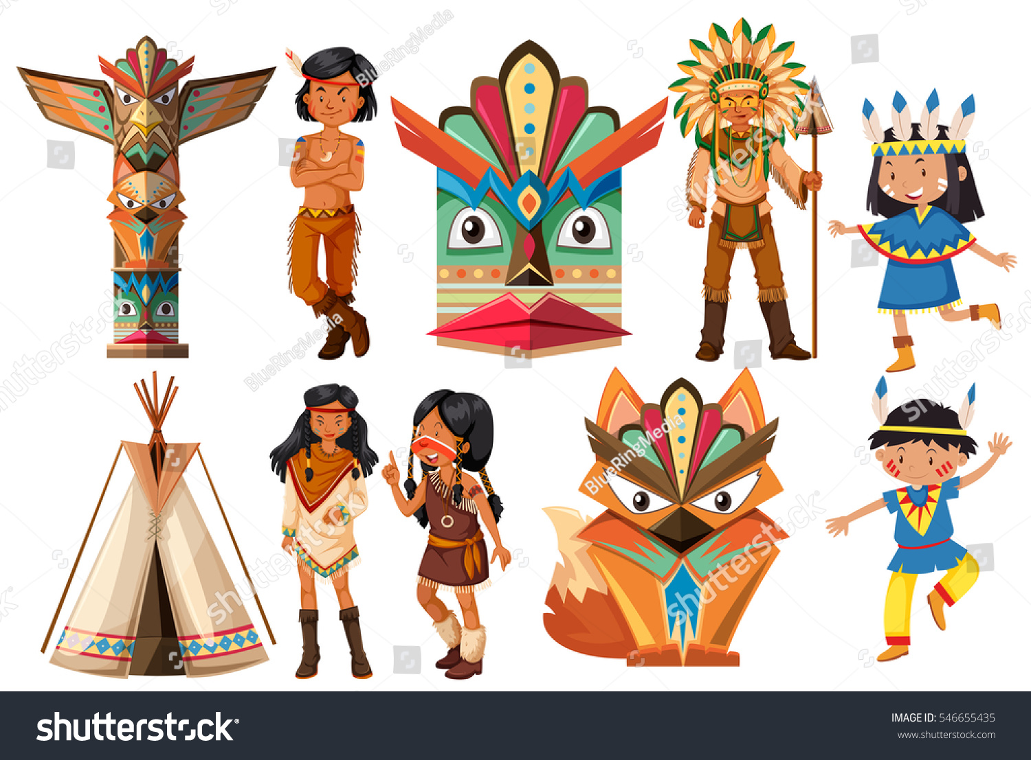 Native american indians and traditional items illustration #546655435