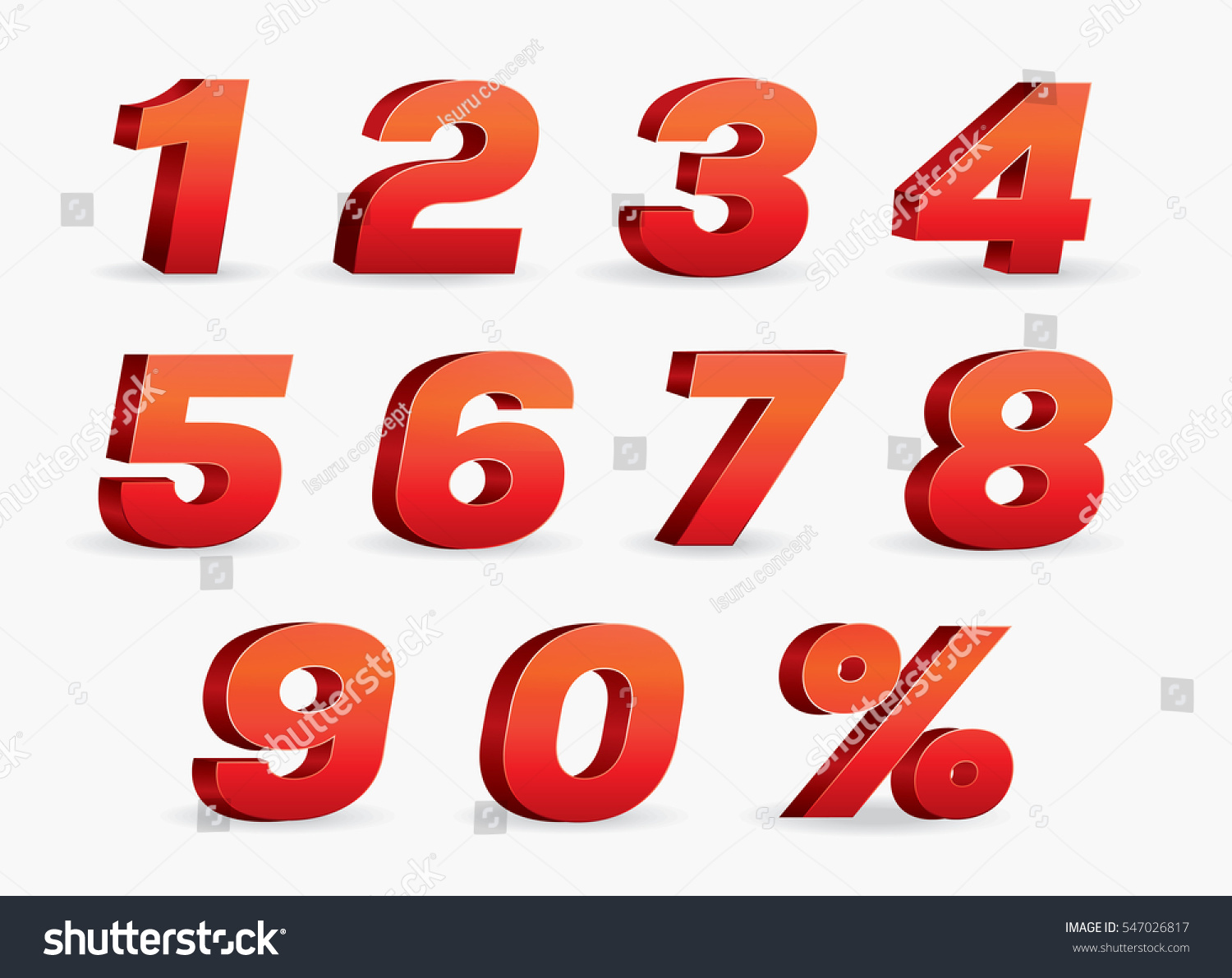 3D Vector  0, 1, 2, 3, 4, 5, 6, 7, 8, 9 Red color  numeral alphabet.  #547026817