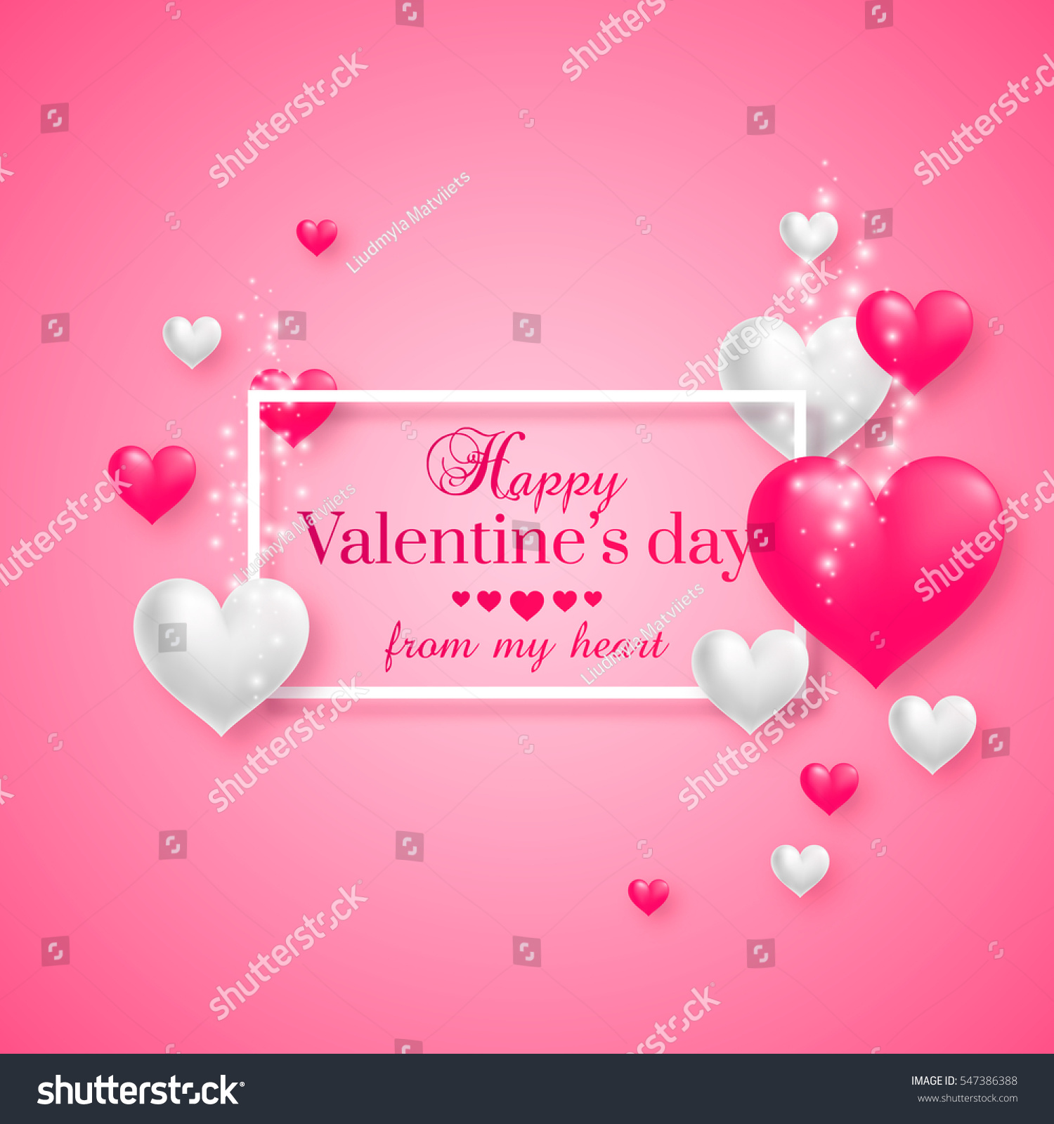 Realistic floating 3D Valentine hearts on pink background with happy Valentines day greetings. Vector Illustration. #547386388