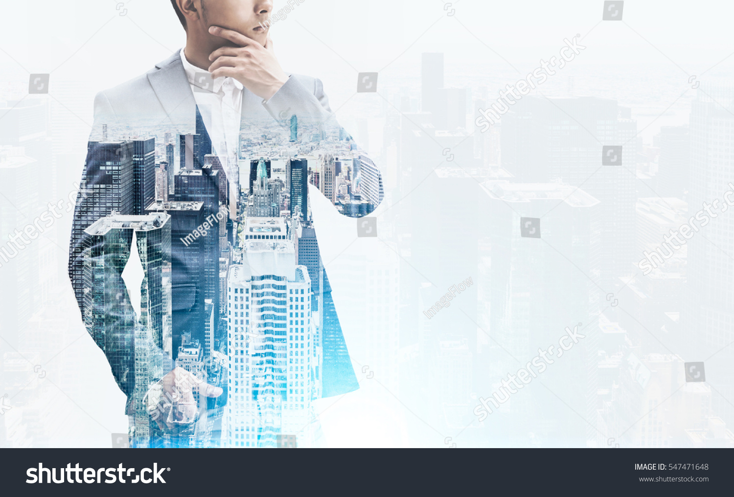 Close up of a thinking businessman standing with his hand in a trousers pocket and looking to the distance. Cityscape is at the foreground. Film effect. Toned image. Mock up. Double exposure #547471648