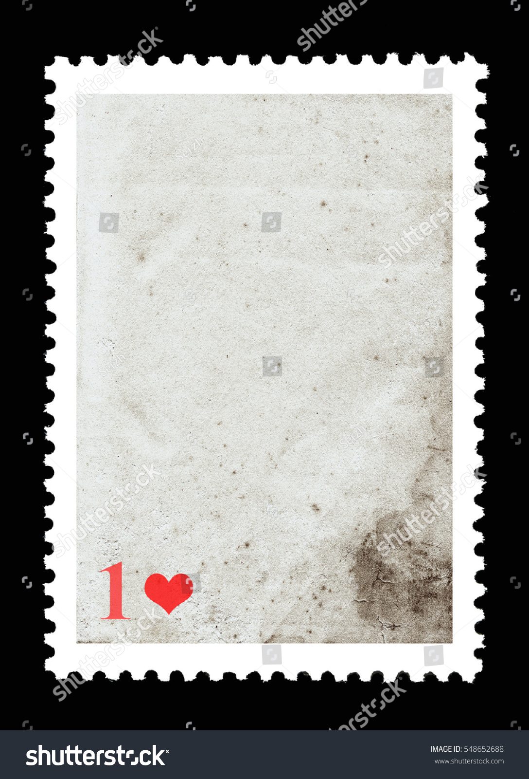 Vintage blank postage stamp and one red heart on a black background. Valentine's Day. #548652688