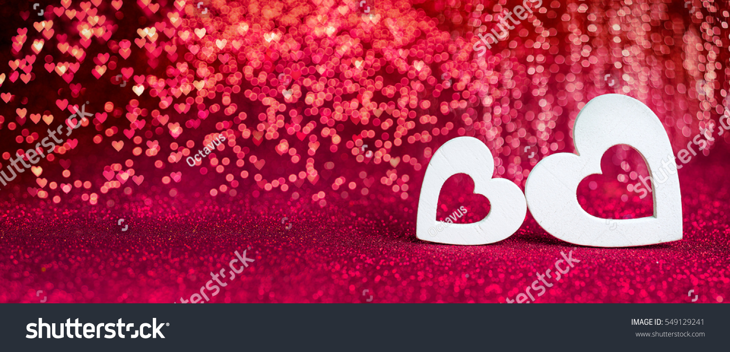 Valentines Day - Wooden Hearts On Red Shiny Background #549129241