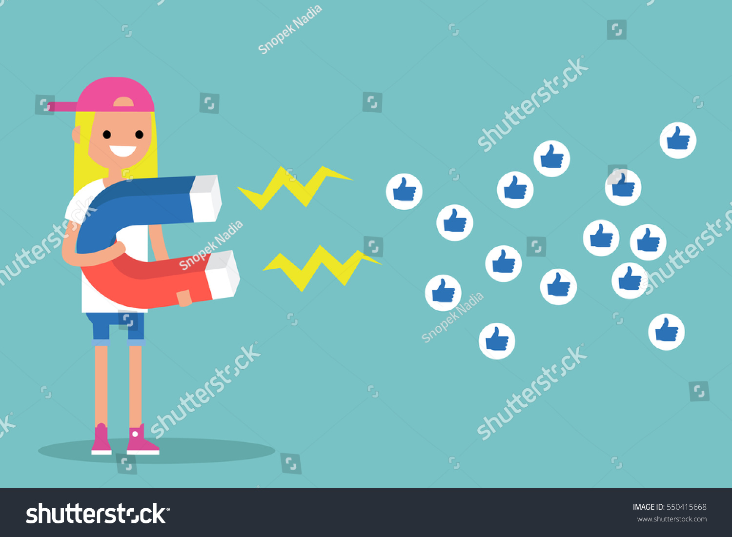 Social media marketing concept. Young blonde girl attracting likes with a huge magnet / editable flat vector illustration #550415668