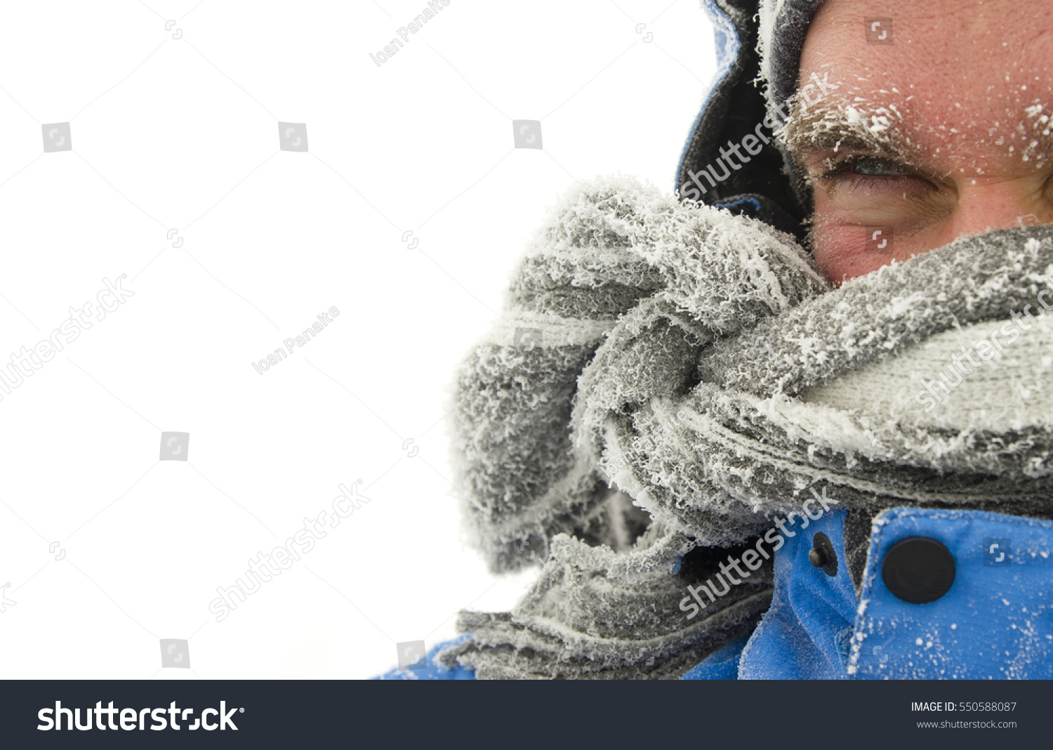 frozen man face in winter scene isolated on white background    #550588087