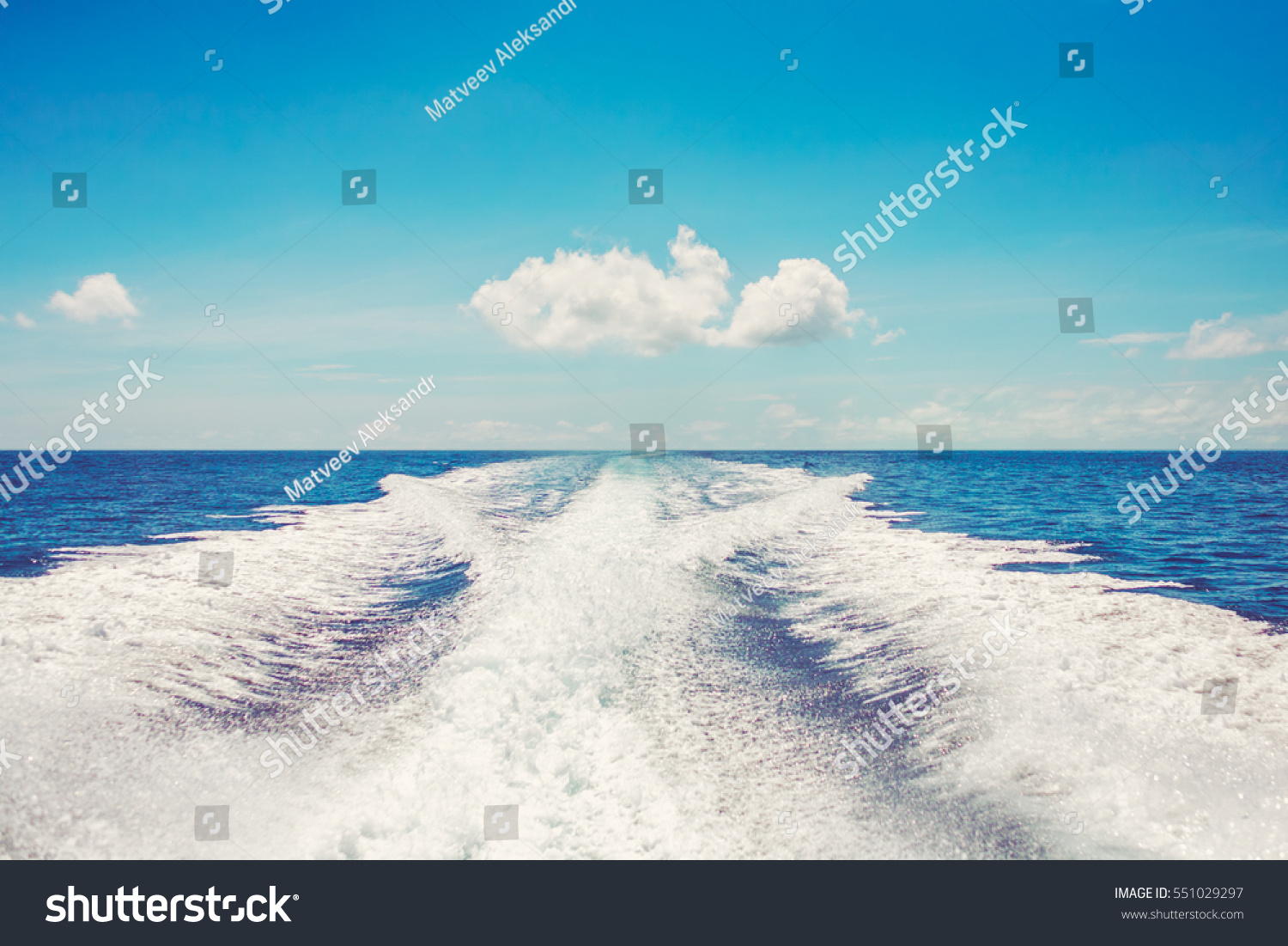 Vacation holiday concept background wallpaper. Background water surface behind of fast moving motor boat in vintage retro style #551029297