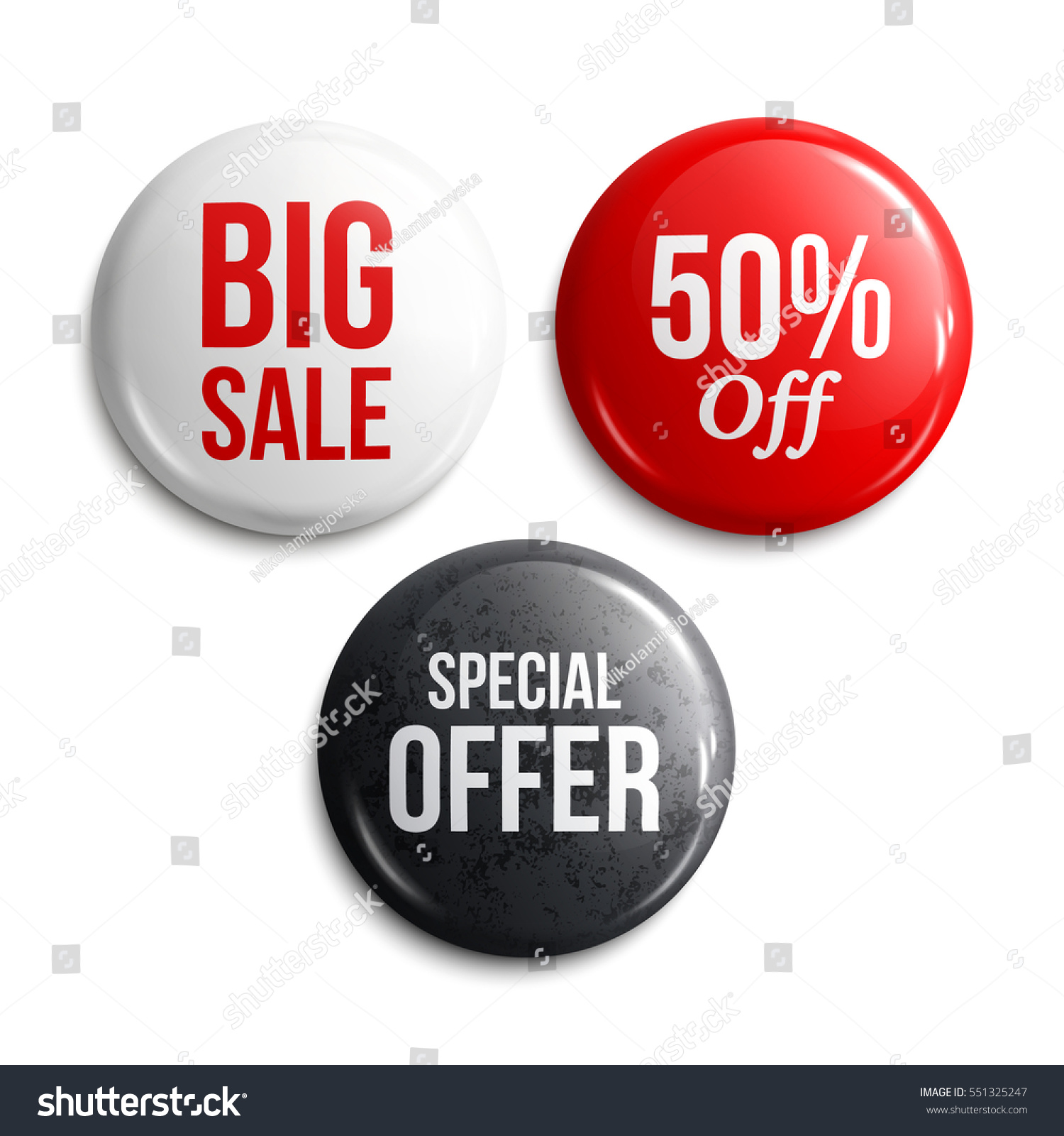 Set of glossy sale buttons or badges. Product promotions. Big sale, special offer, 50% off. Vector. #551325247