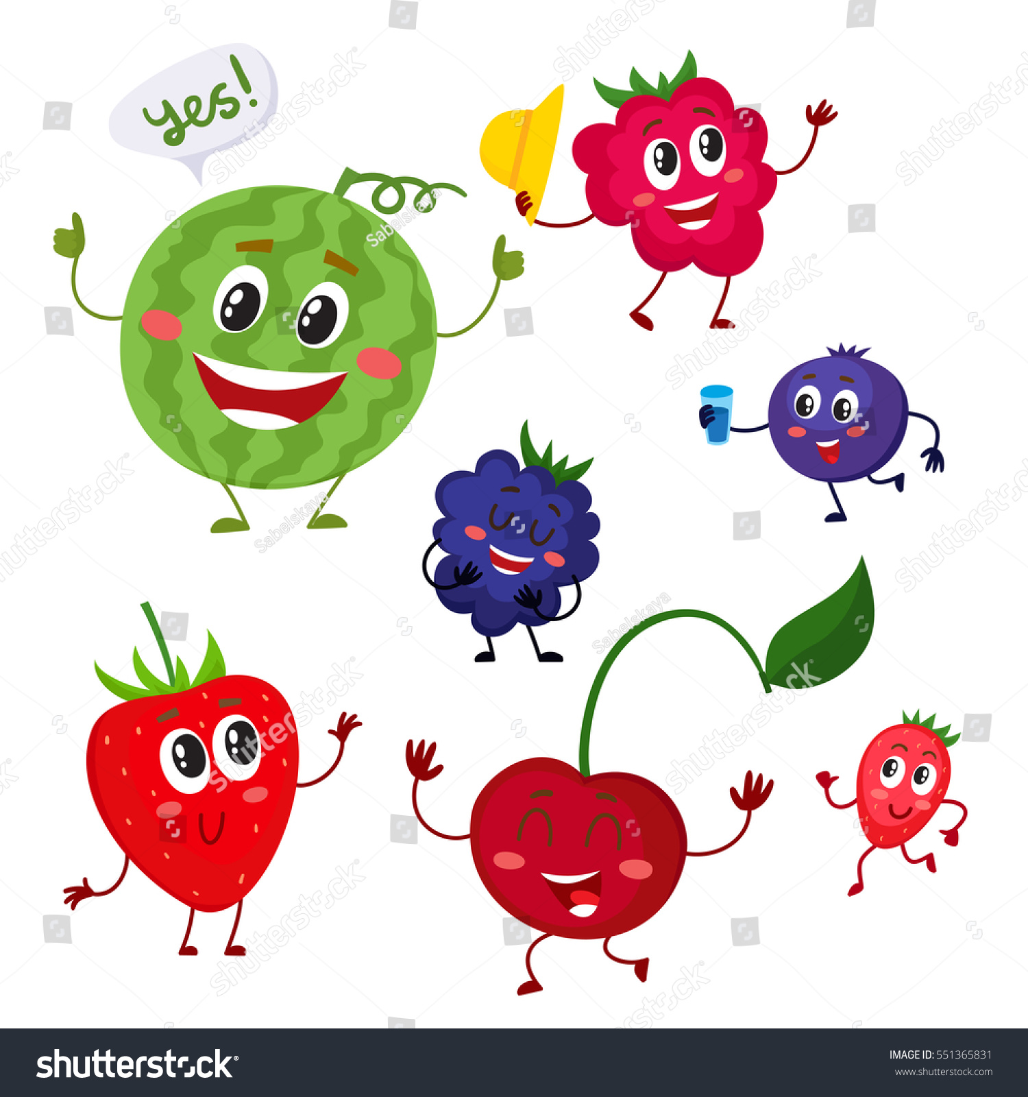 Set of cute and funny berry characters - watermelon, blackberry, strawberry, raspberry, blueberry, cherry, cartoon vector illustration isolated on white background. Comic style berry characters #551365831