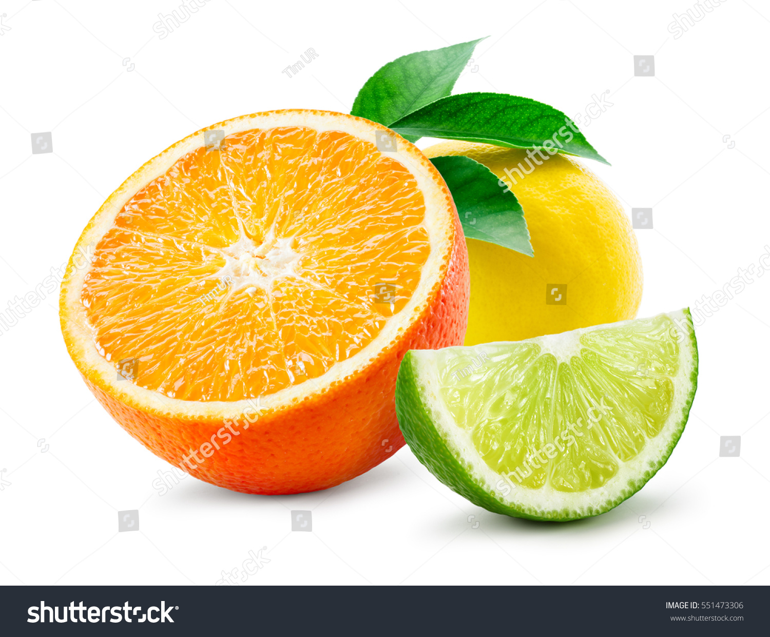 Citrus composition. Fruit with leaves isolated on white background. Orange, lemon, lime. #551473306