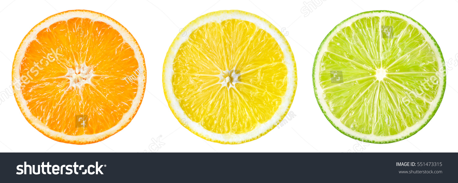 Citrus fruit. Orange, lemon, lime. Slices isolated on white background. Collection. #551473315