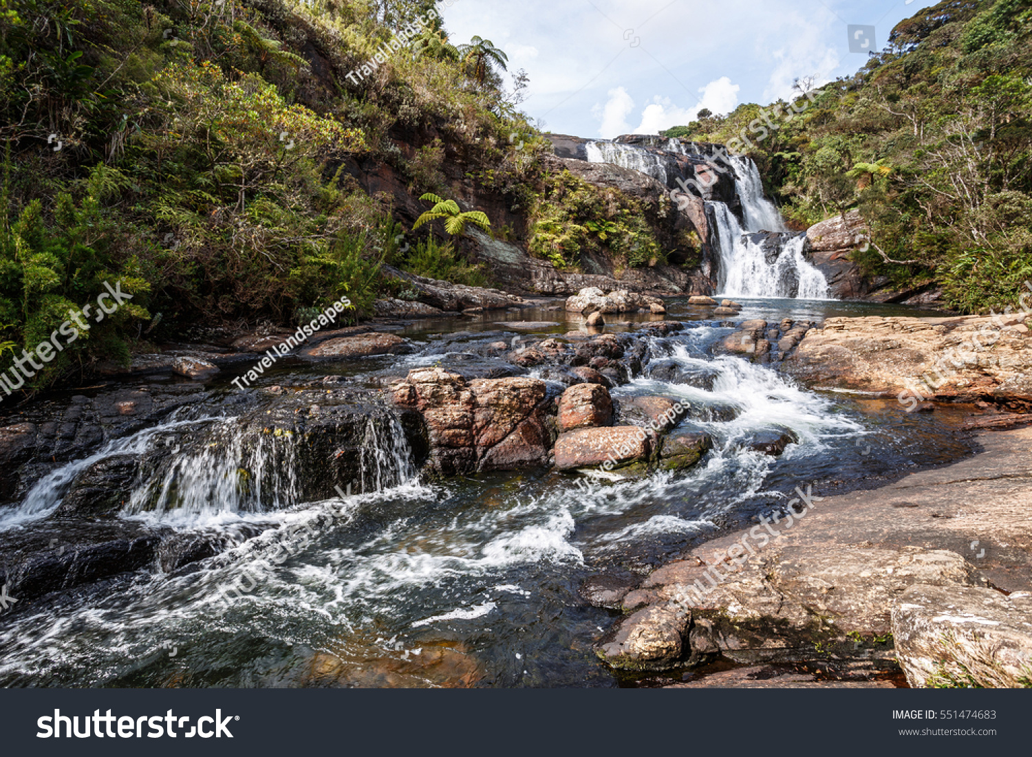 Baker's Falls in Horton Plains National Park, Sri Lanka. Beautiful tropical landscape. #551474683