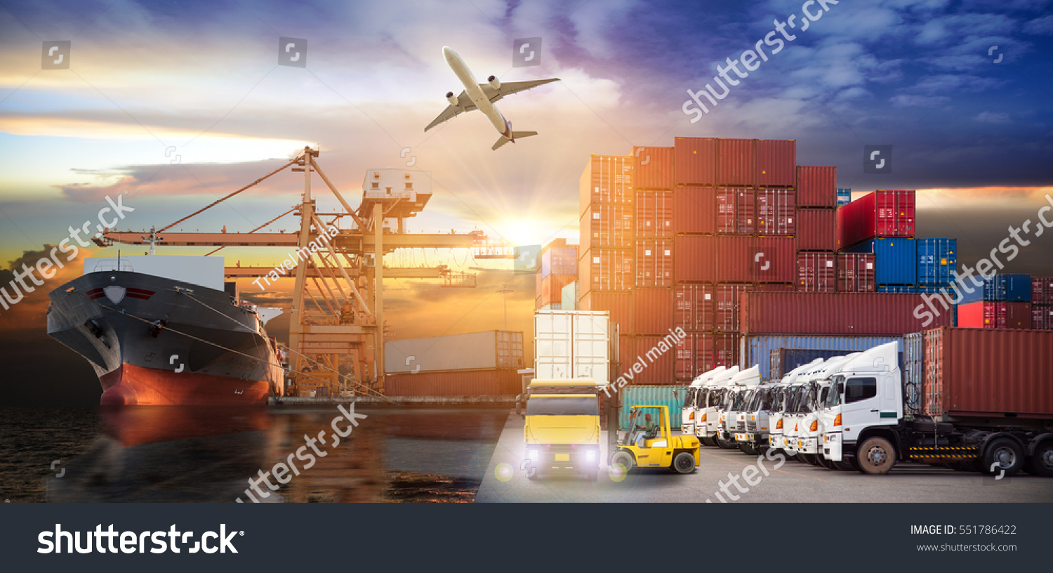 Logistics and transportation of Container Cargo ship and Cargo plane with working crane bridge in shipyard at sunrise, logistic import export and transport industry background #551786422