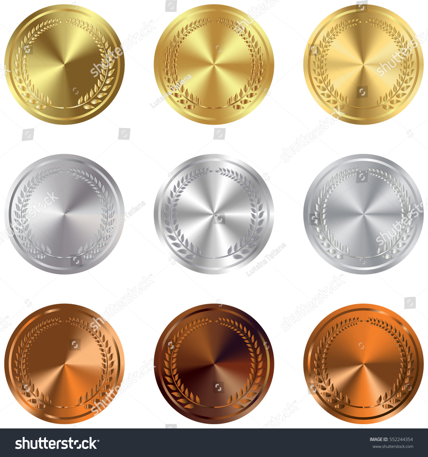 Set of gold, silver and bronze Award medals on white. Vector gold, silver and bronze award medals set isolated on white background. The first, second, third prizes. #552244354