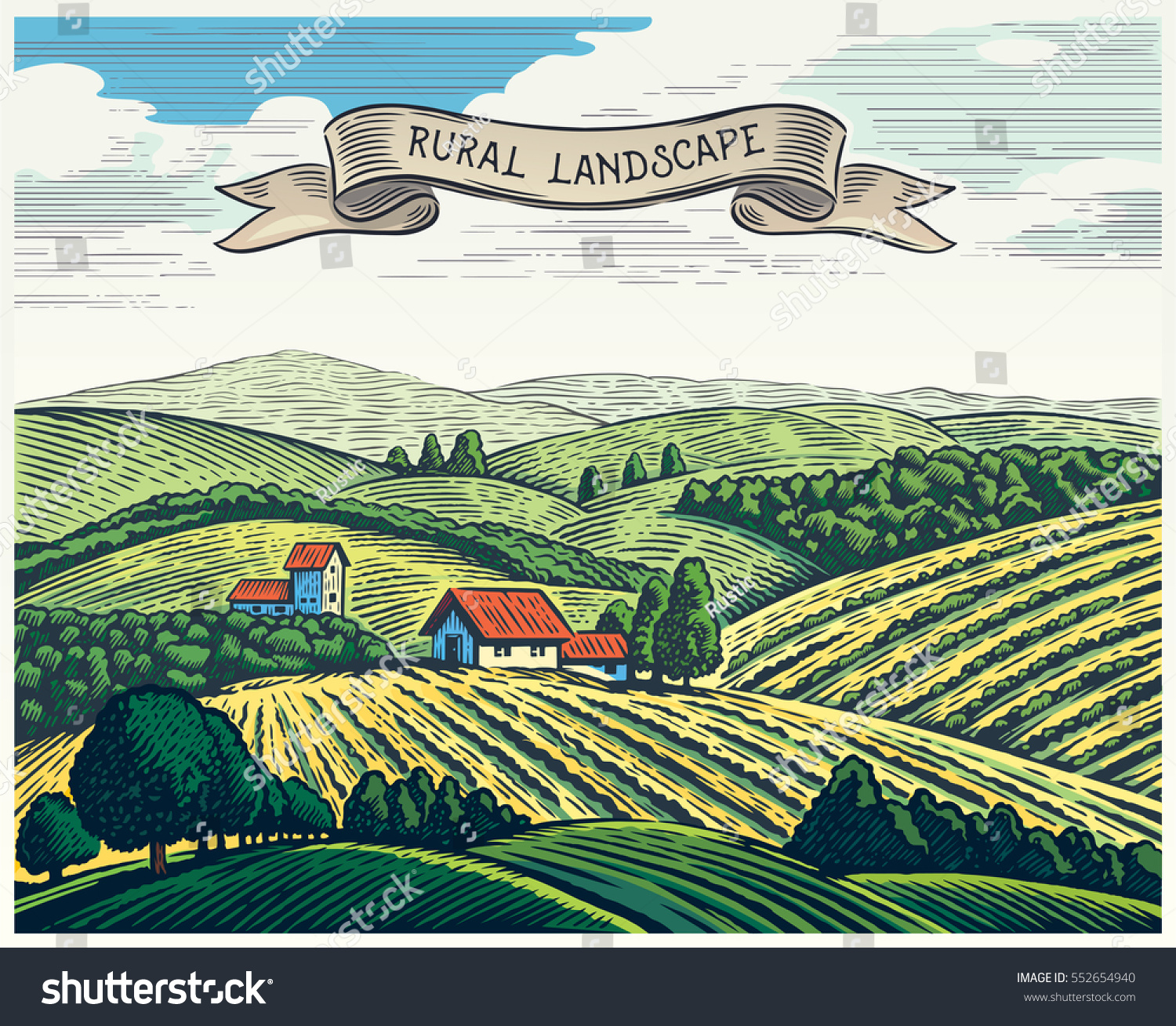 Rural landscape in graphical style, imitating the engraving. Hand drawn and converted to vector Illustration. #552654940