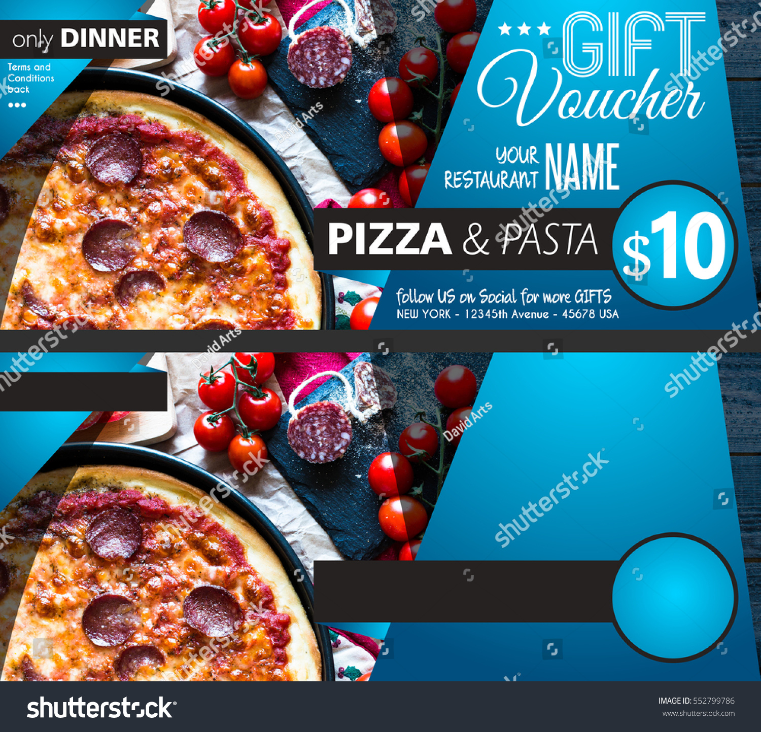 Restaurant Gift voucher flyer template with delicious taste pepperoni cheese pizza and space for your text. #552799786