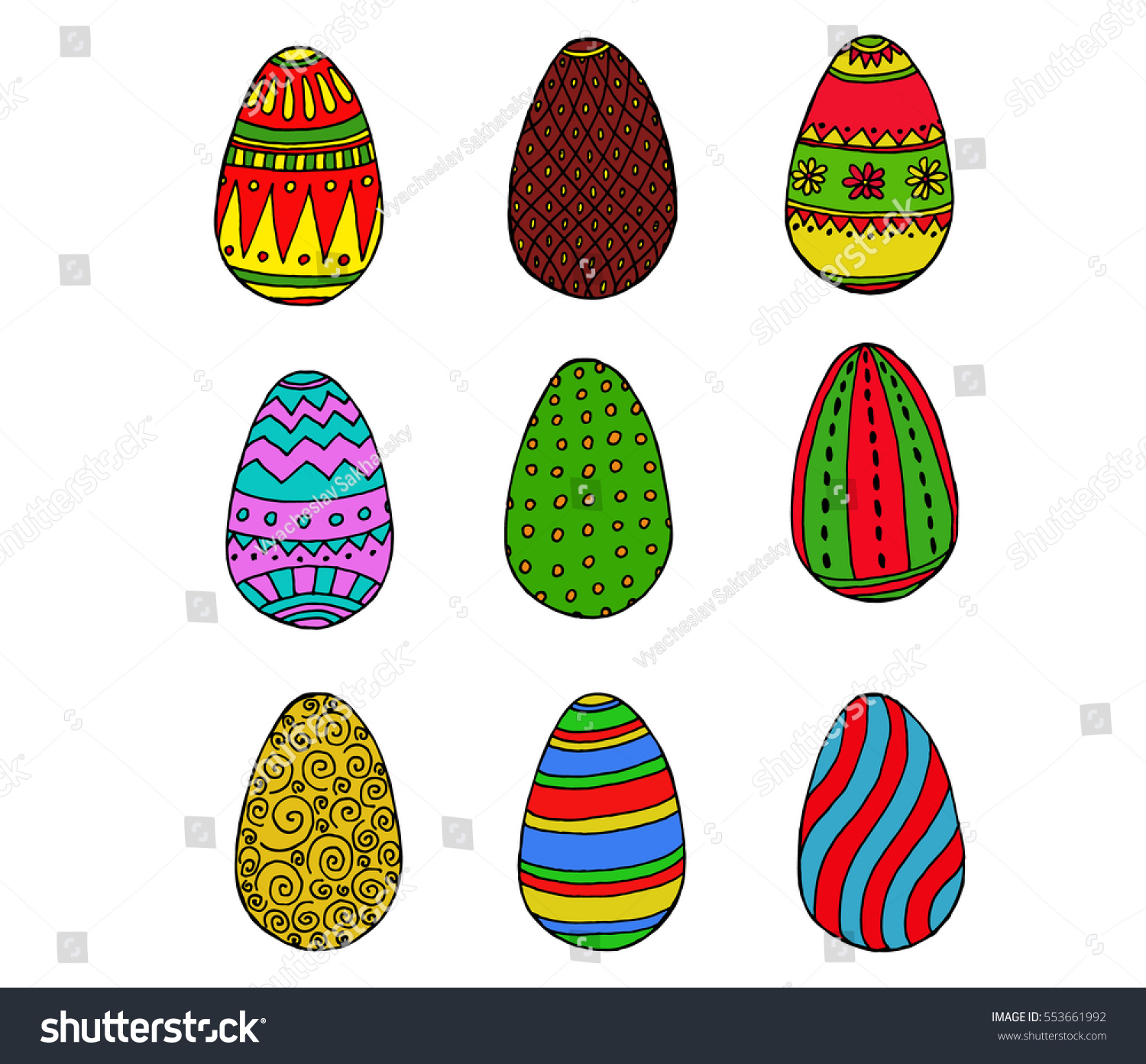  Color Easter eggs collection in doodle style on white background. vector illustration. #553661992