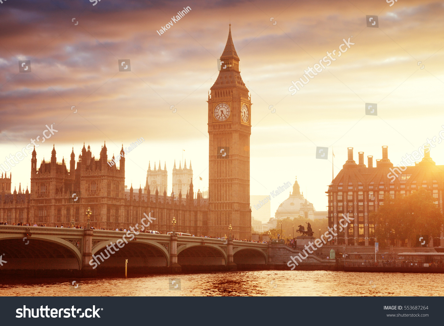 Big Ben and Westminster at sunset, London, UK #553687264