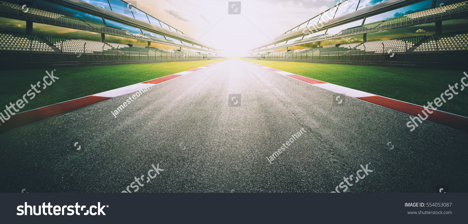View of the infinity empty asphalt international race track, digital imaging retouch and  montage background . evening scene . #554053087