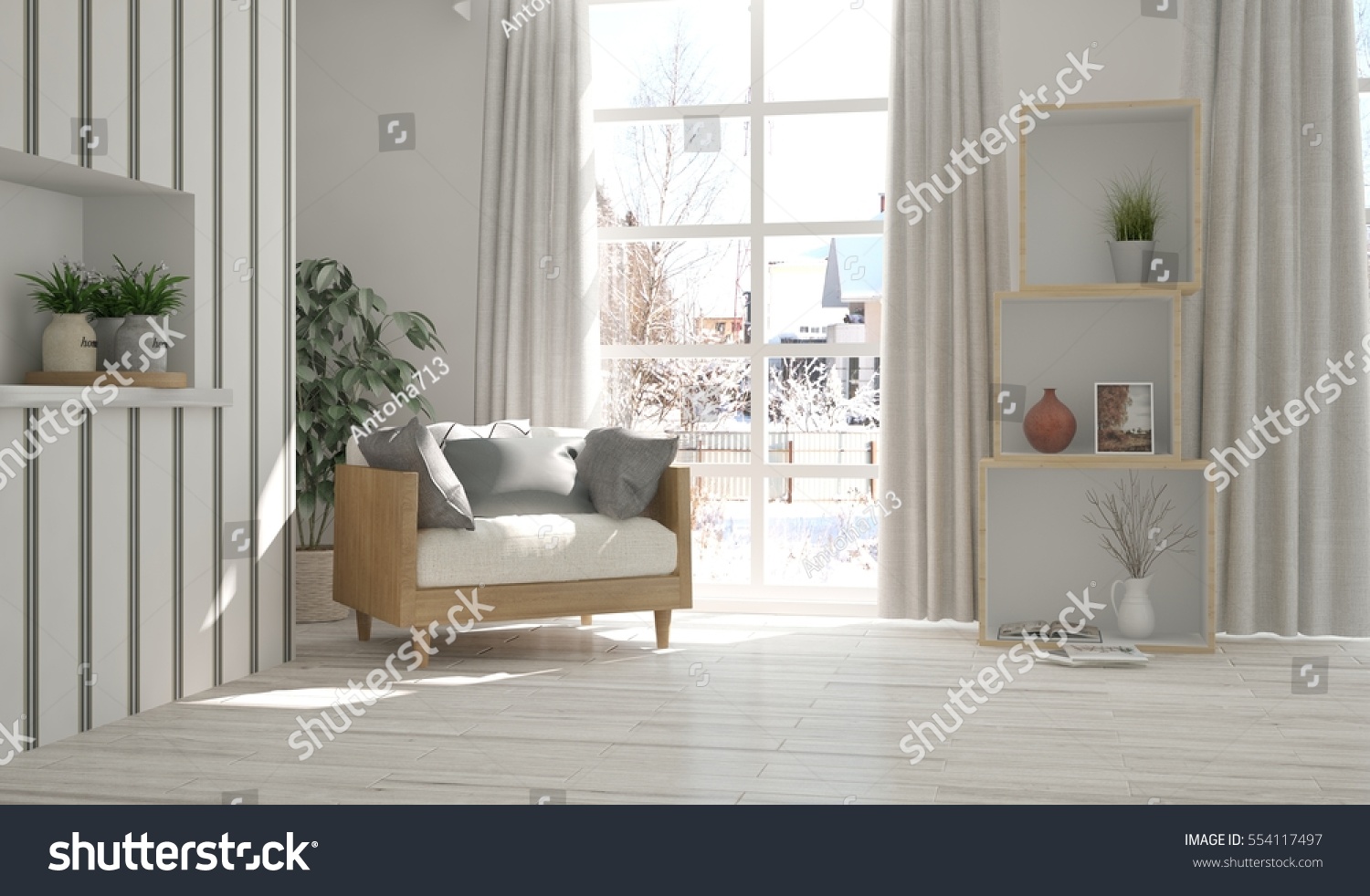 White room with armchair and winter landscape in window. Scandinavian interior design. 3D illustration #554117497