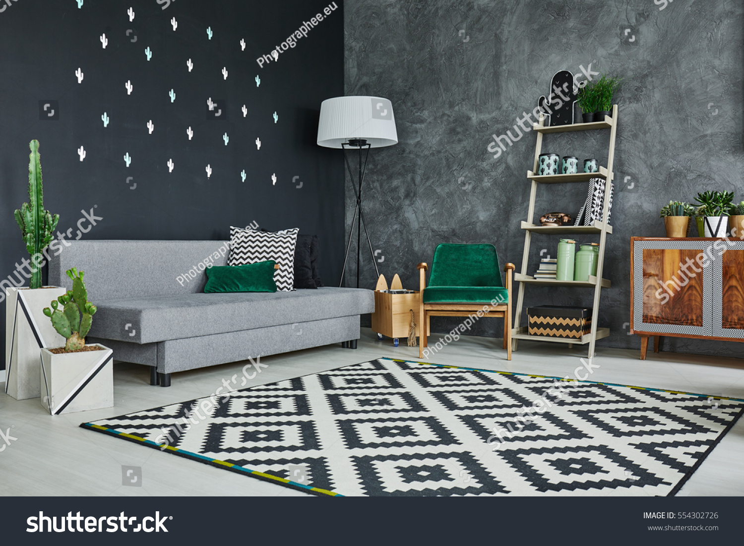 Grey room with blackboard wall, cactus and sofa #554302726