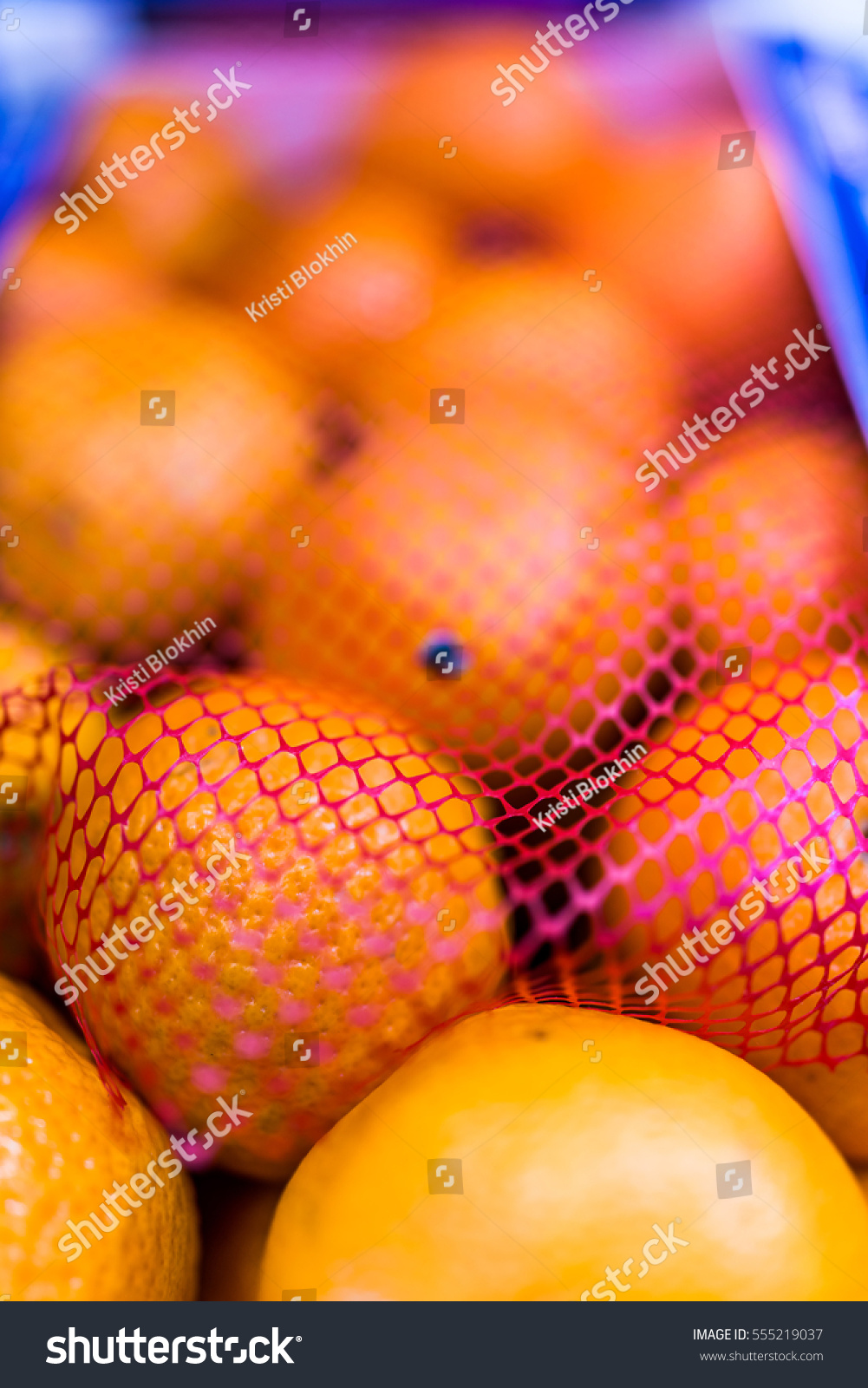 Closeup box of clementine mandarin oranges in red netting #555219037