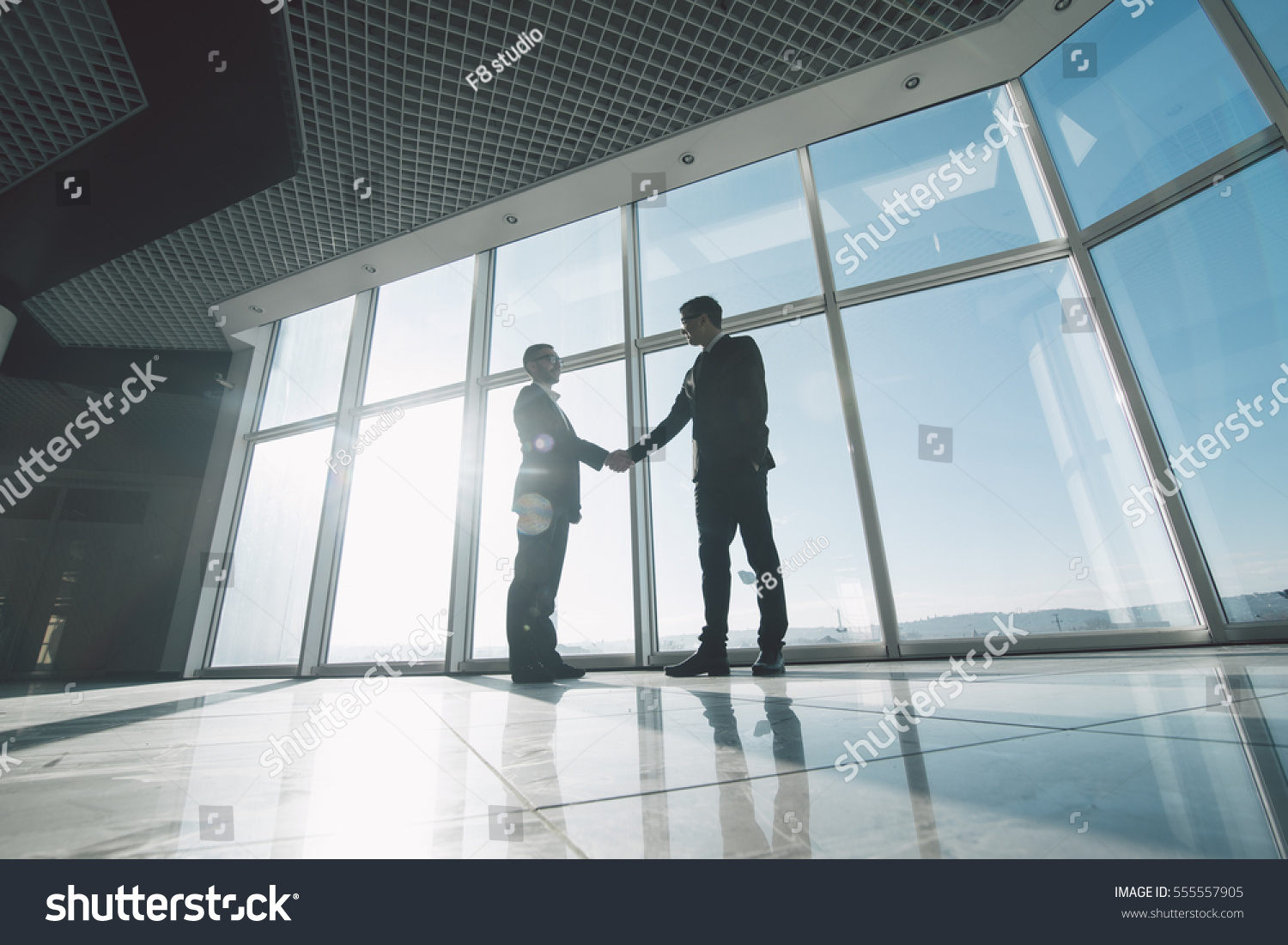 Two young businessmen are shaking hands with each other standing against panoramic windows. #555557905