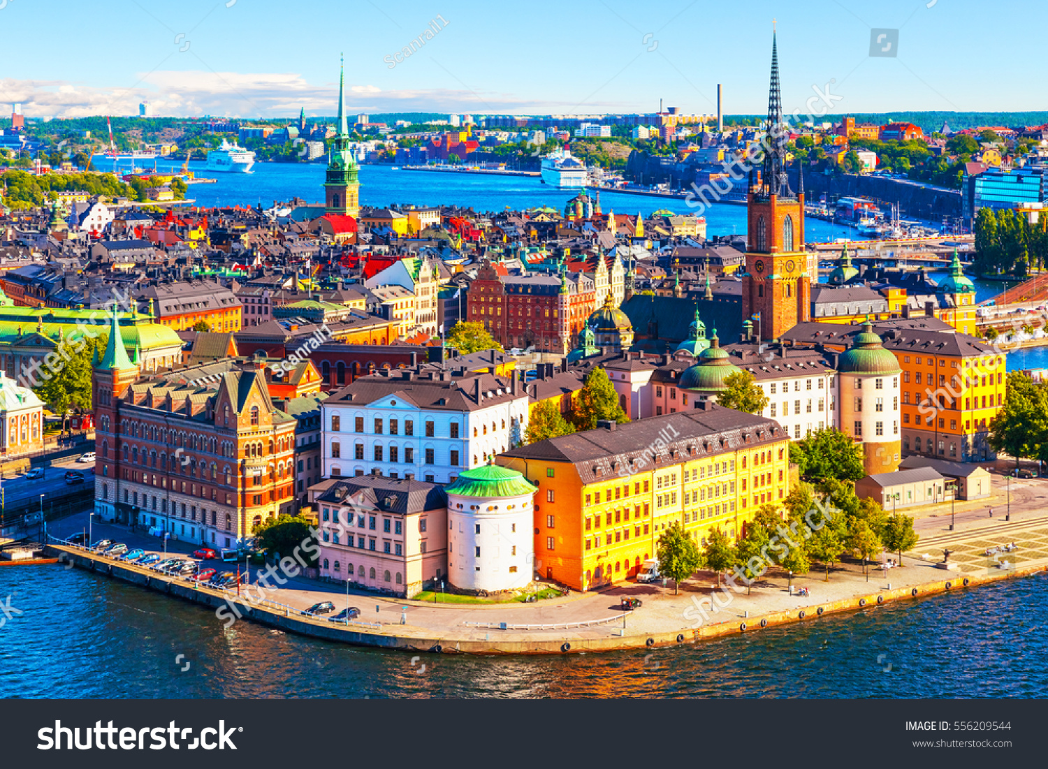 Scenic summer aerial panorama of the Old Town (Gamla Stan) pier architecture in Stockholm, Sweden #556209544