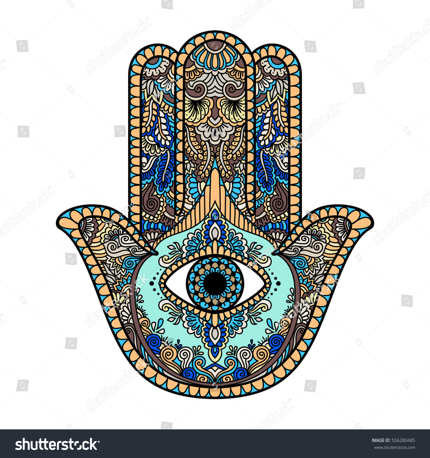 multicolored illustration of a hamsa hand symbol. Hand of Fatima religious sign with all seeing eye. Vintage bohemian style. Vector illustration in doodle zentangle style. #556280485