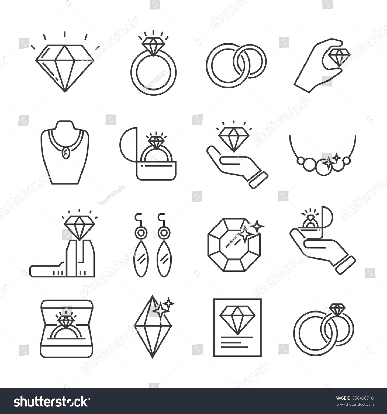 Set of jewelry Related Vector Line Icons. Includes such Icons as diamond, ring, wedding ring, bracelet, earrings, necklace, jeweler, jewel #556400716