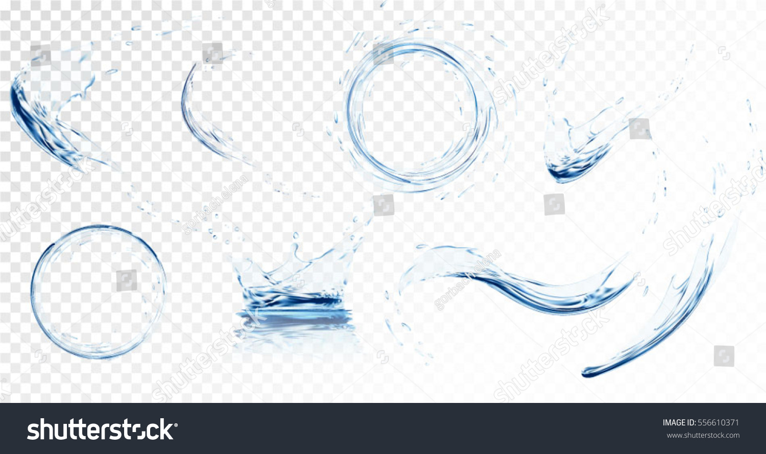 Set of transparent water splashes, water drops and crown from falling into the water in light blue colors, isolated on transparent background. Transparency only in vector file #556610371
