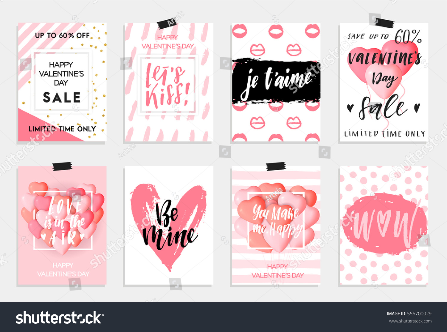 Collection of pink, black, white colored Valentine's day card, sale and other flyer templates with lettering.  Typography poster, card, label, banner design set. Vector illustration EPS10 #556700029
