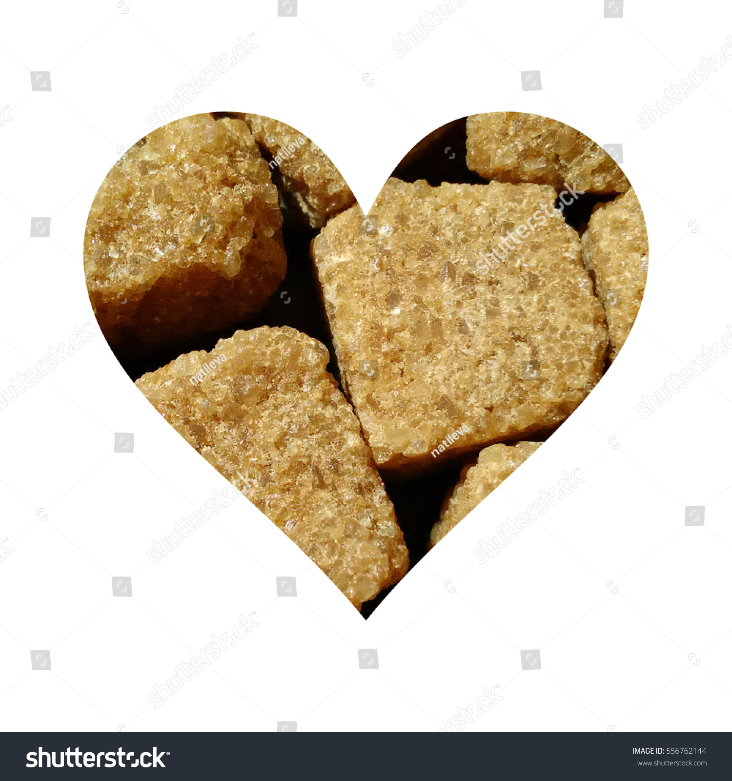 Simple heart form full of brown sugar cubes, on white background #556762144