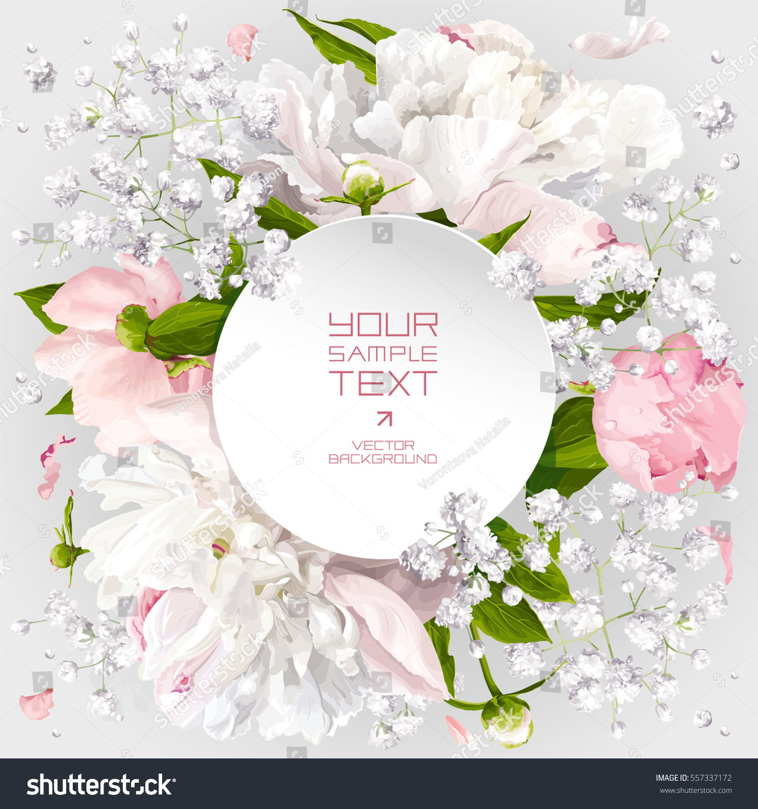 Romantic flower invitation or greeting card for wedding decoration, Valentine's Day, sales and other events with little white flowers and round paper label. #557337172