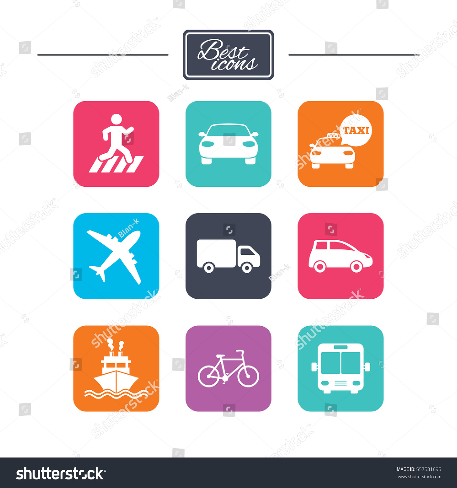 Transport icons. Car, bike, bus and taxi signs. Shipping delivery, pedestrian crossing symbols. Colorful flat square buttons with icons. Vector #557531695