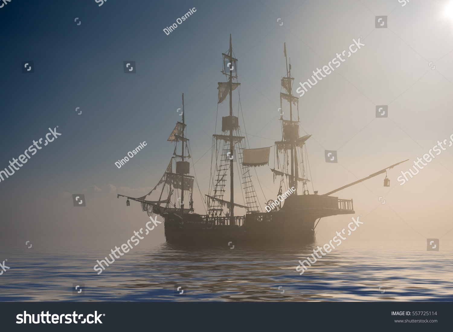 Spooky ghost pirate ship in the fog  #557725114