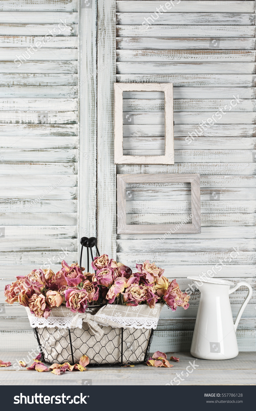 Shabby chic still life: bunch of vintage pink dry roses in wire basket and jug against white wooden blinds with empty photoframes. #557786128