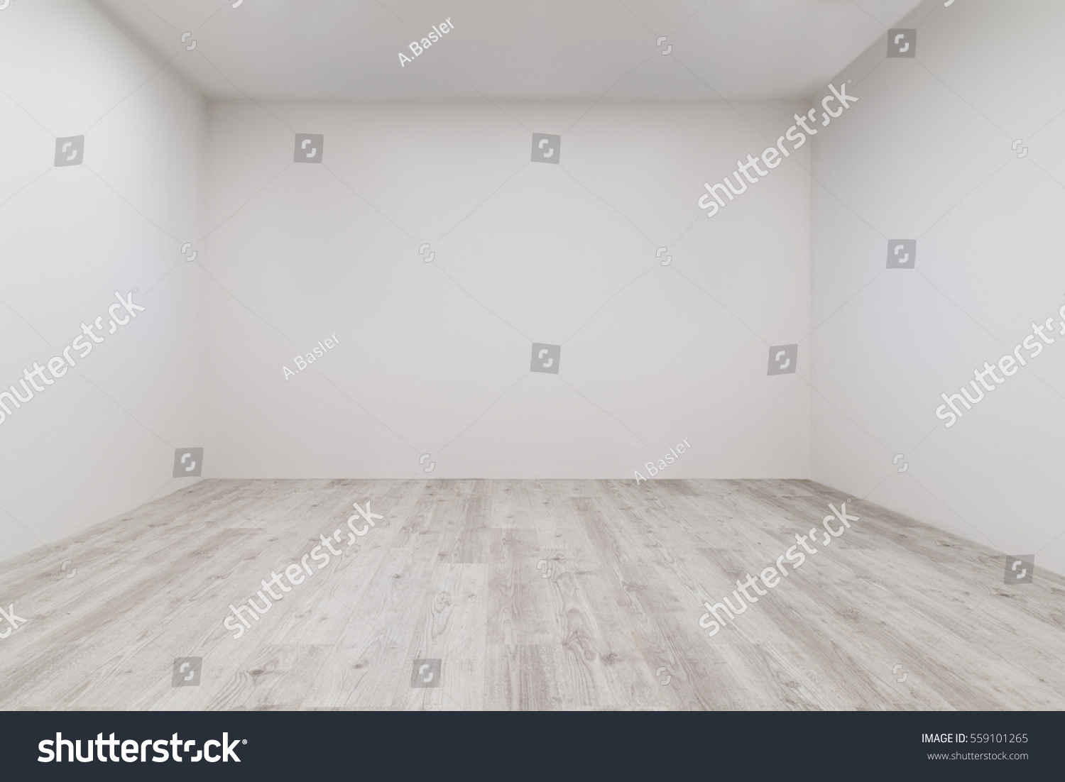 Empty room with whitewashed floating laminate flooring and newly painted white wall in background #559101265