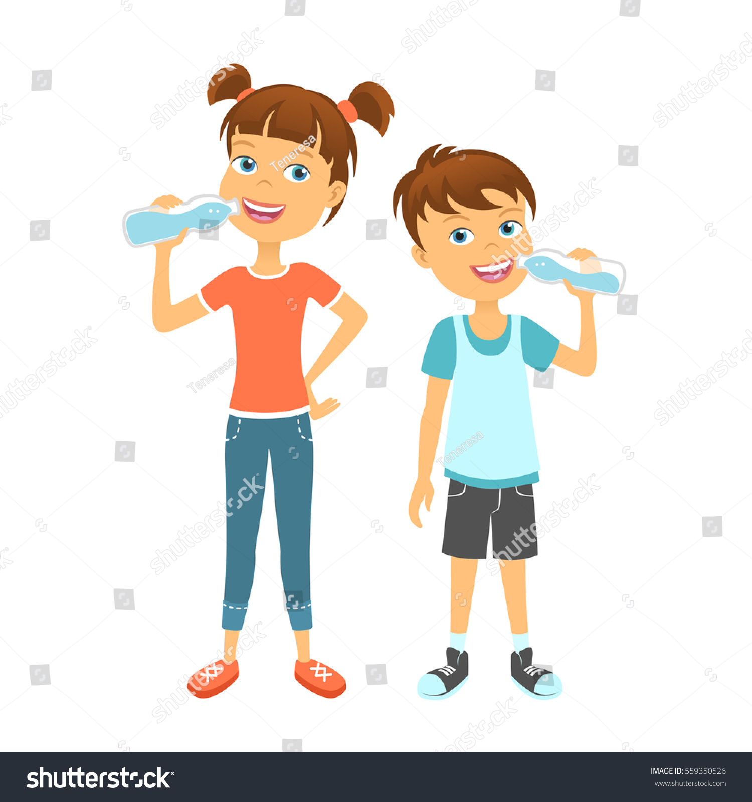 Happy children drinking water - Royalty Free Stock Photo 559350526 ...