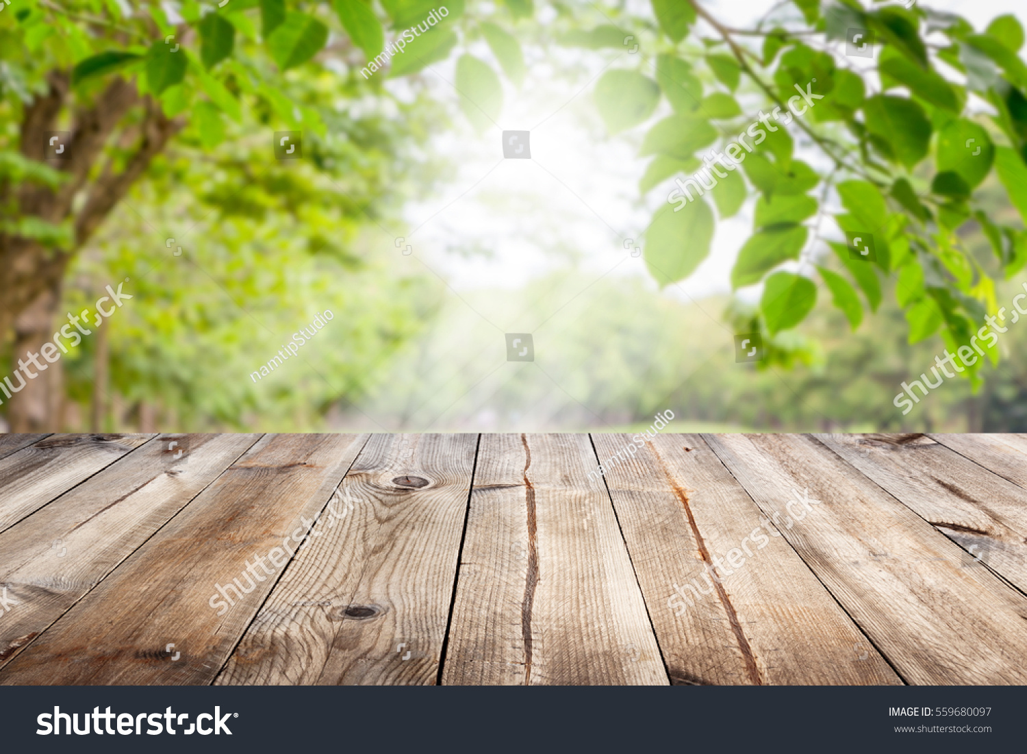 Empty wooden table with garden bokeh for a catering or food background with a country outdoor theme,Template mock up for display of product #559680097