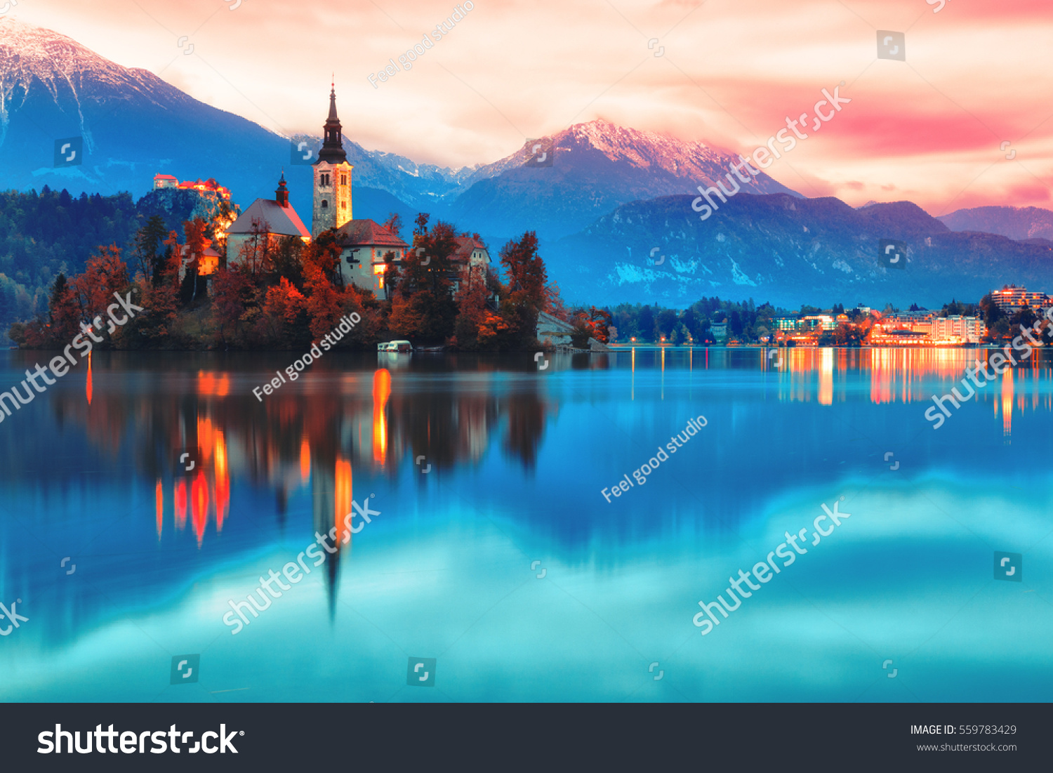 Night scene of Bled lake in Slovenia, famous and popular travel destination for romantic couple in love. Artistic toning landscape. Fantasy post processing. #559783429