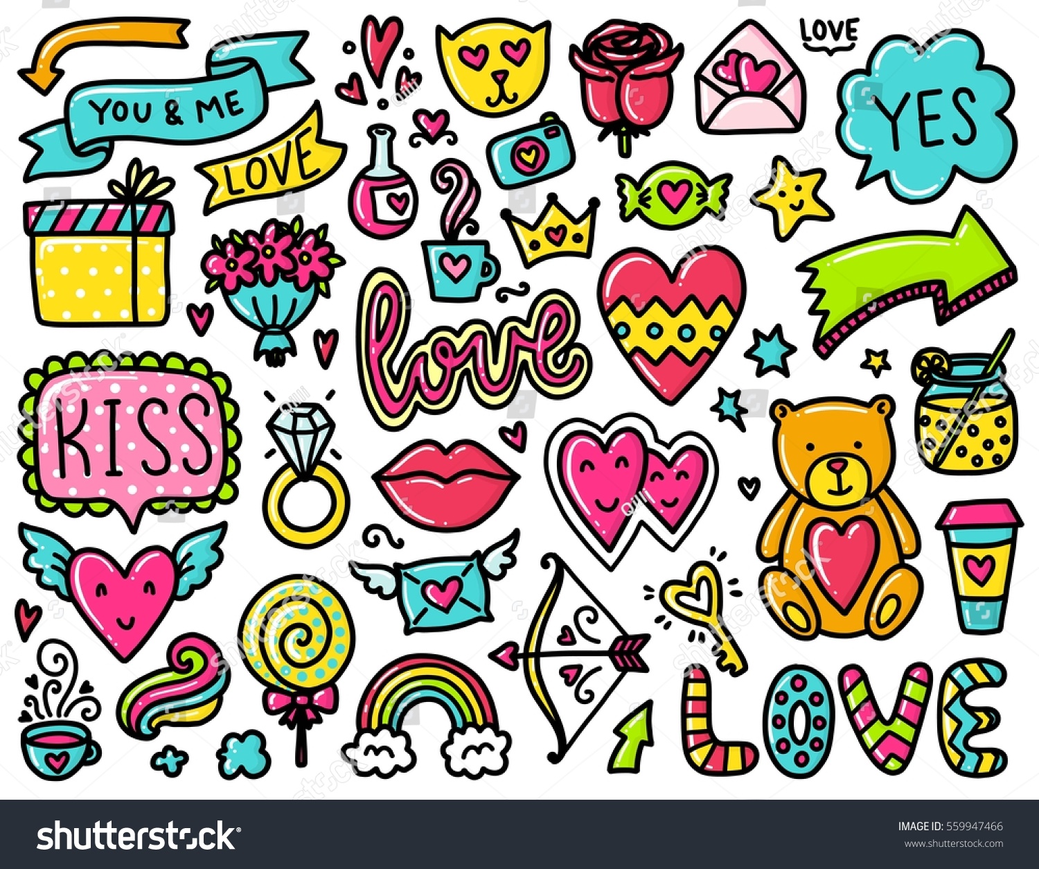Doodles cute elements. Color vector items. Illustration with hearts and flowers, animals and tea, cloud and stars. Design for prints and cards. Valentine's day theme poster. #559947466