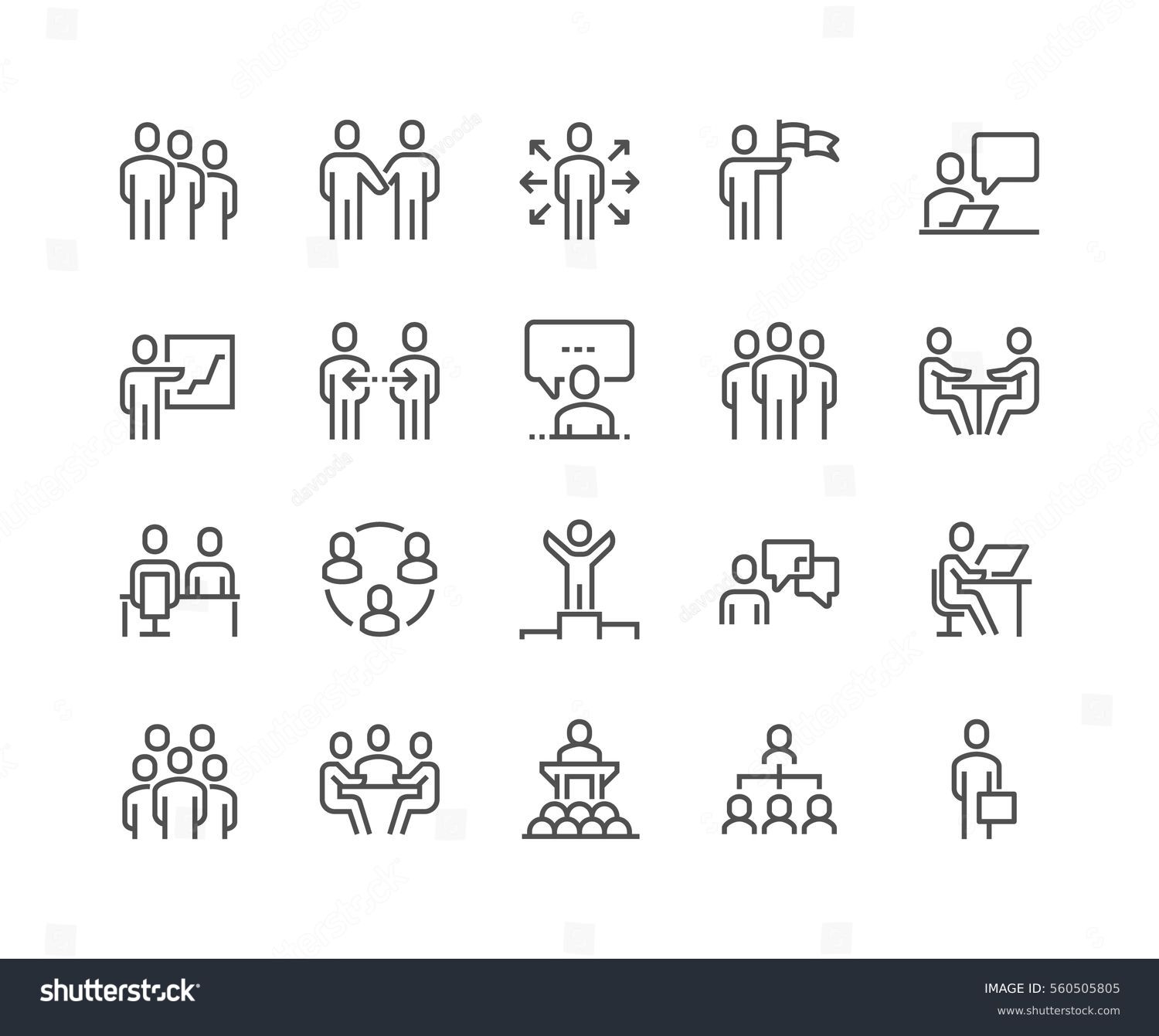 Simple Set of Business People Related Vector Line Icons. 
Contains such Icons as One-on-One Meeting, Workplace, Business Communication, Team Structure and more.
Editable Stroke. 48x48 Pixel Perfect. #560505805