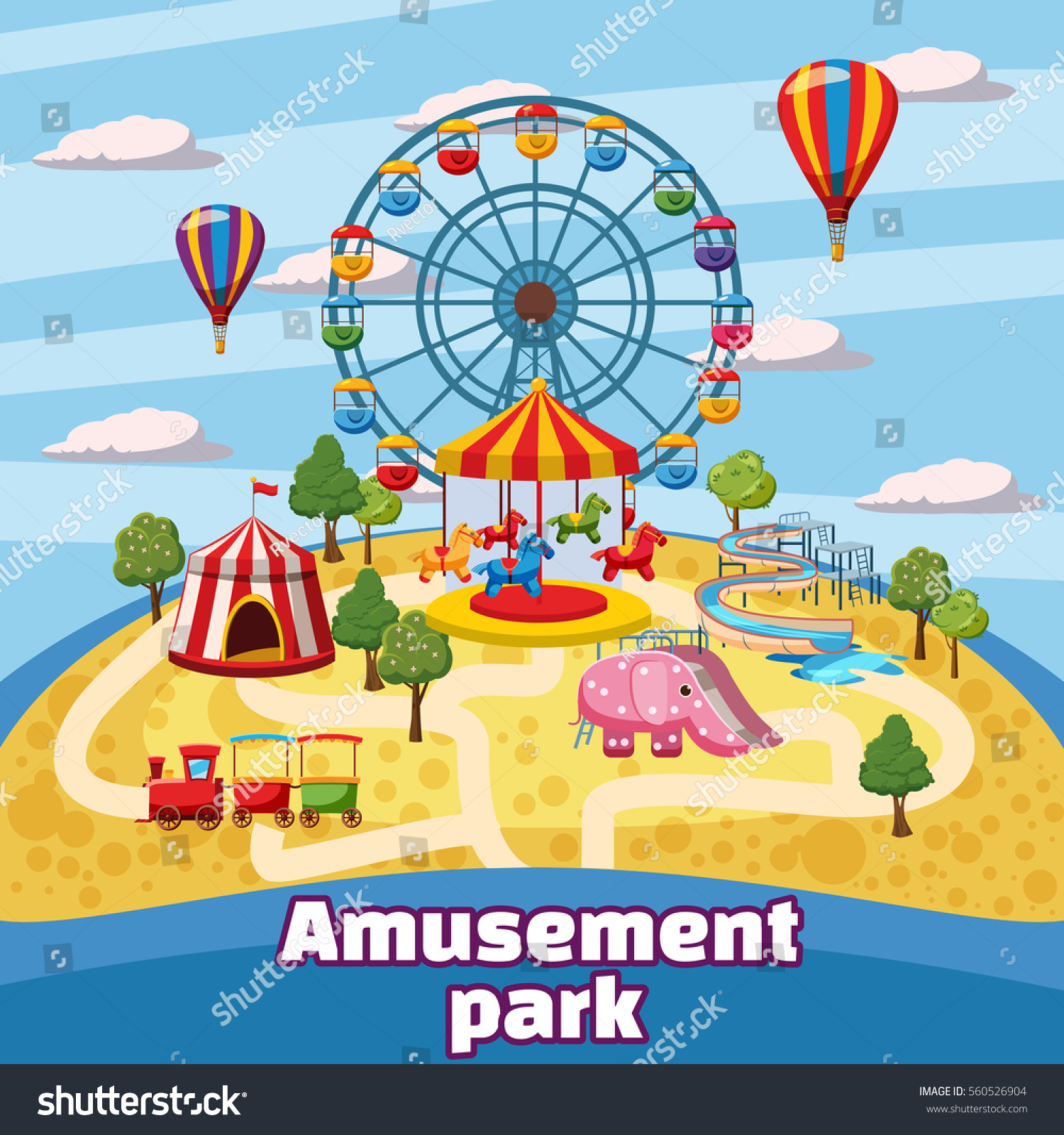 Amusement park concept. Cartoon illustration of - Royalty Free Stock ...