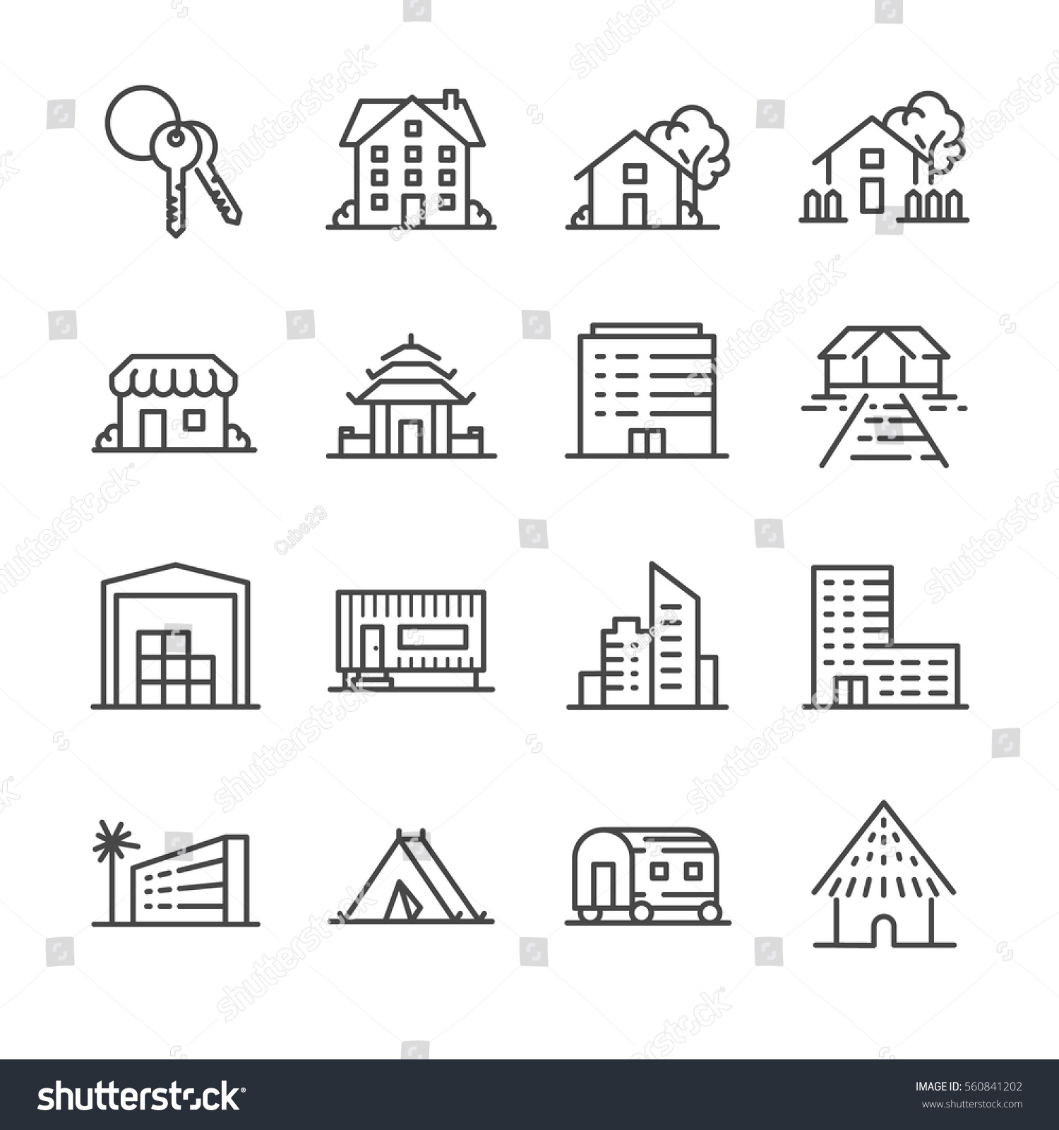 Property and accommodation icon set. Included the icons as home, house, palace, resort, apartment, tower and more. #560841202